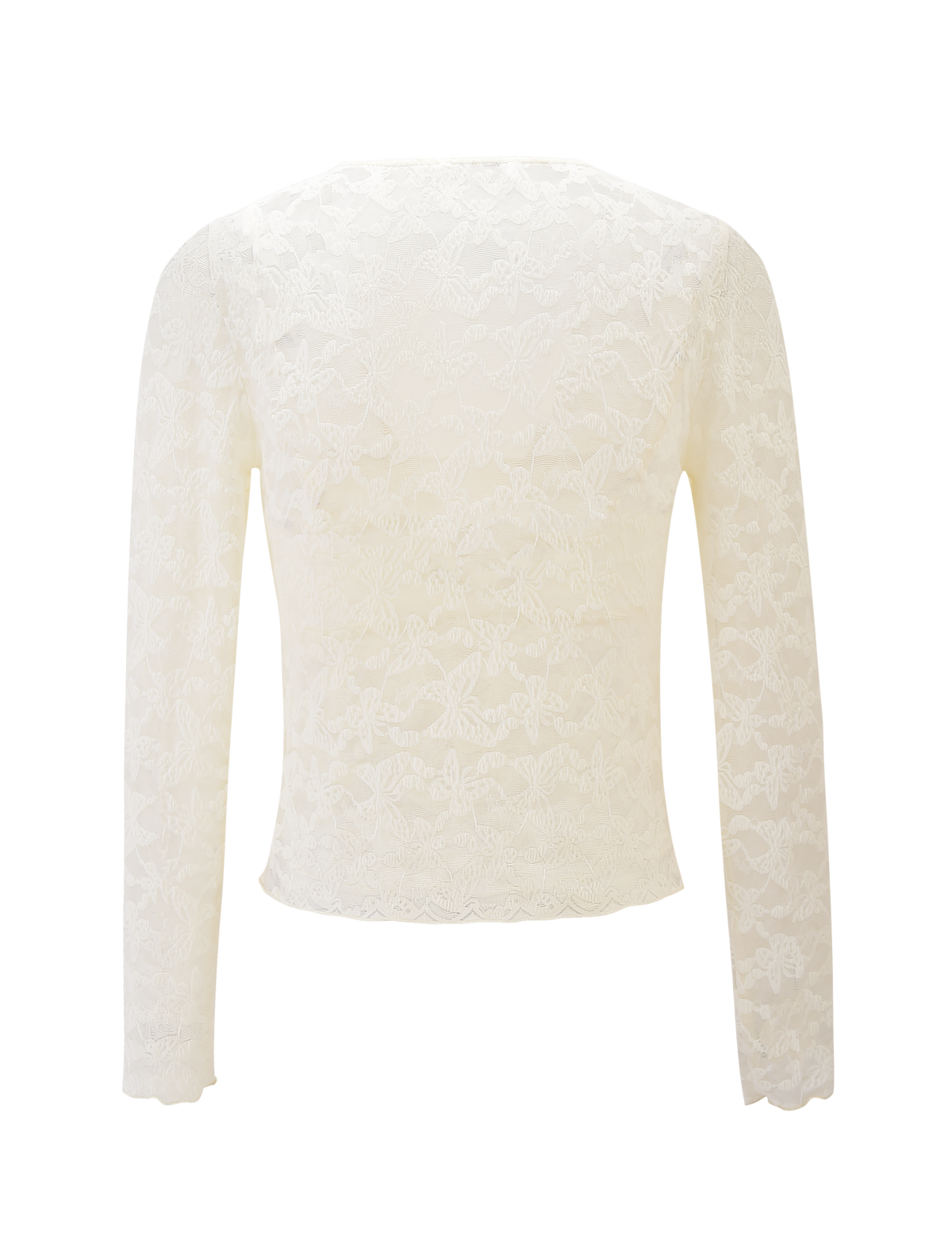 The GIULIA 2PC TOP by TIGERMIST features ivory lace with a floral pattern, fitted long sleeves, adjustable straps, and is shown from the back against a plain background.