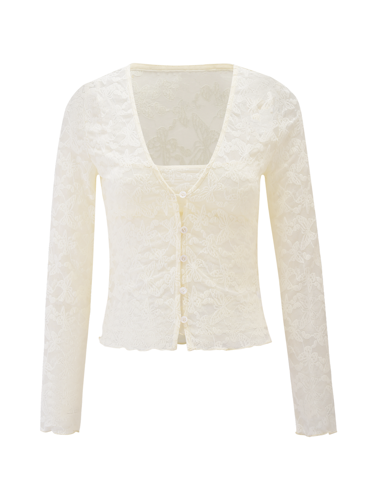 The TIGERMIST GIULIA 2PC TOP - IVORY LACE is a long-sleeve, V-neck lace cardigan with front buttons and a delicate floral pattern—an elegant, versatile layering piece.