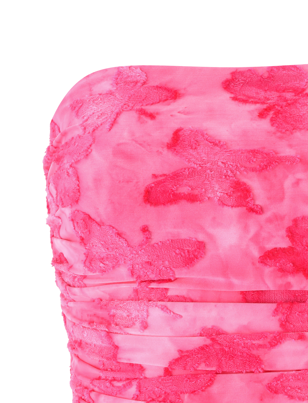 Close-up of the TIGERMIST PATRIZIA TOP - PINK BUTTERFLY, a pink strapless bandeau featuring ruched, stretchy fabric and textured butterfly patterns in a darker pink shade.
