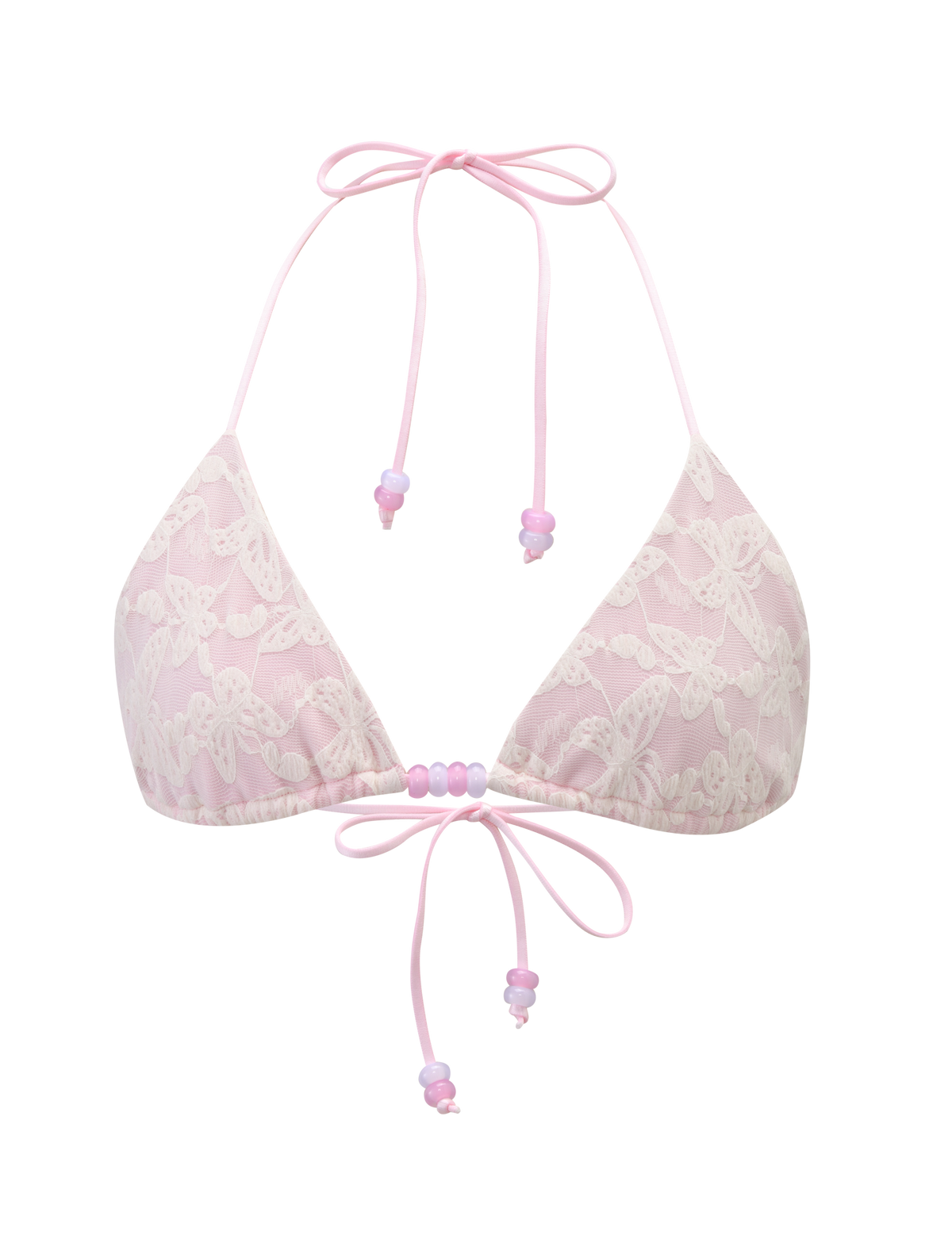 The BRIGITTE BIKINI TOP by TIGERMIST features ivory lace with butterfly patterns, an adjustable halter neck, wide satin ribbon back ties, and pink bead accents.