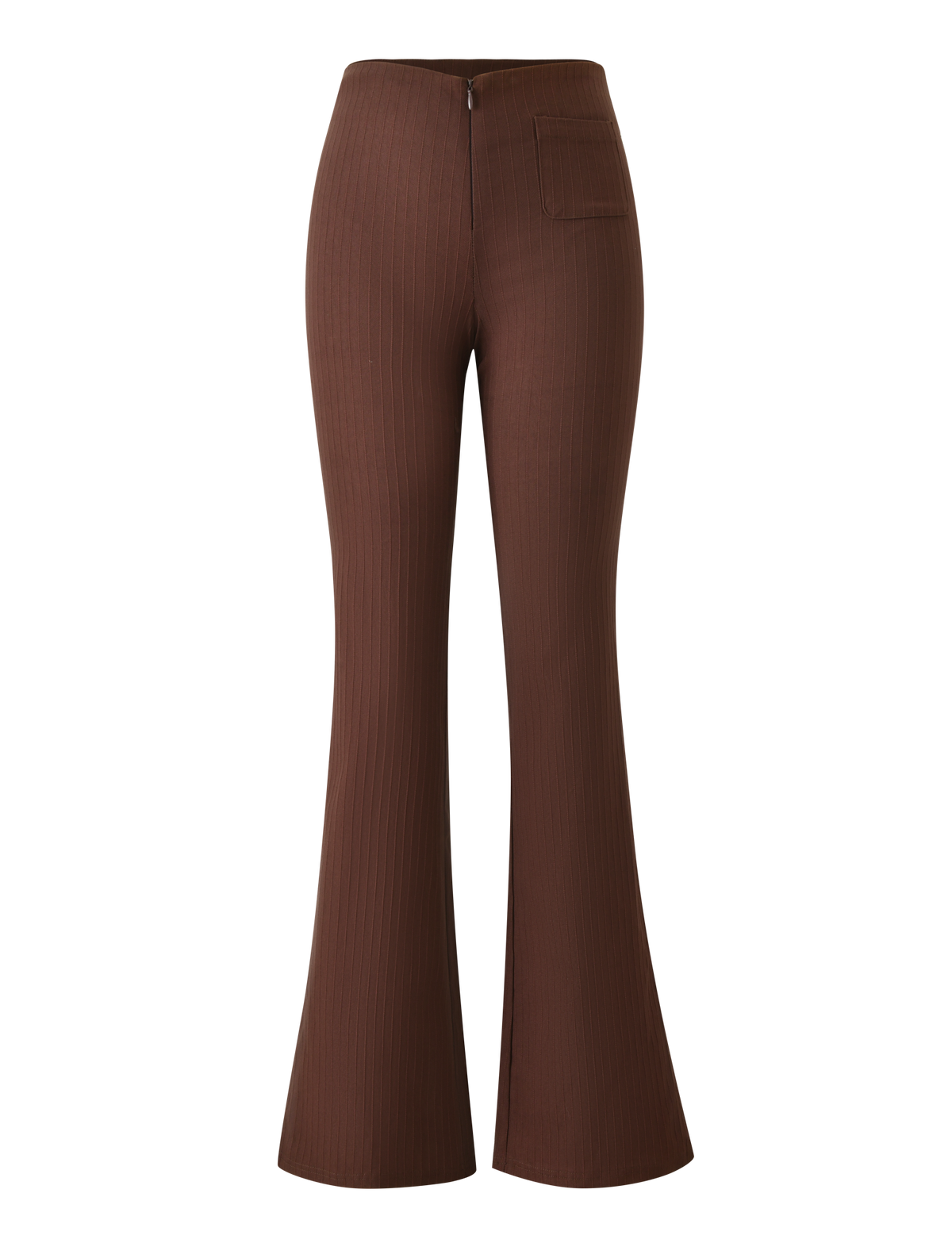 The TIGERMIST GWENDOLINE PANT in chocolate features a high waist, ribbed flare design, front zipper, and a single right-side pocket—ideal for elevating everyday style. Shown on a white background.