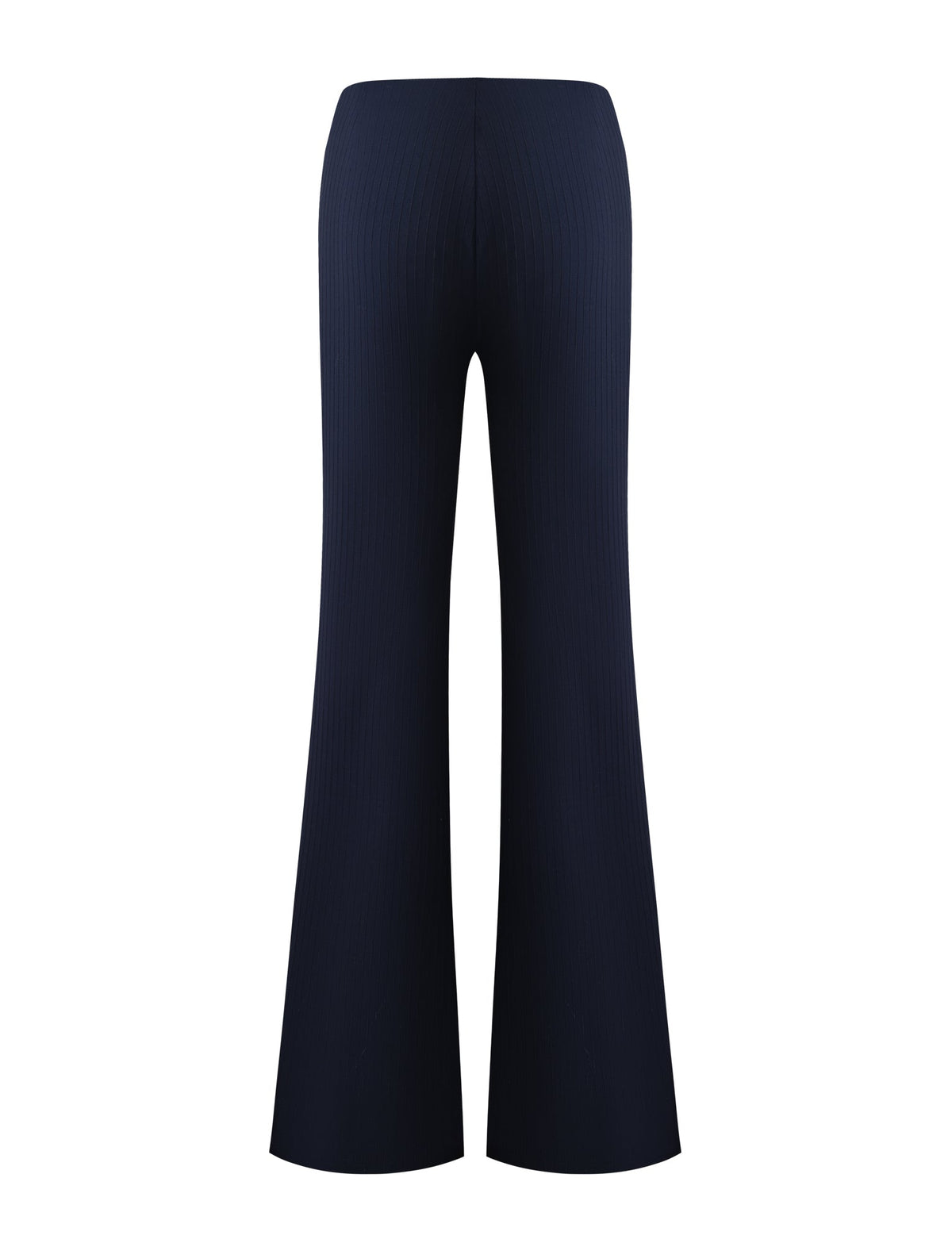 Back view of the TIGERMIST GWENDOLINE PANT in navy, featuring a high-waisted fit, flared legs, and ribbed texture, shown against a plain white background.