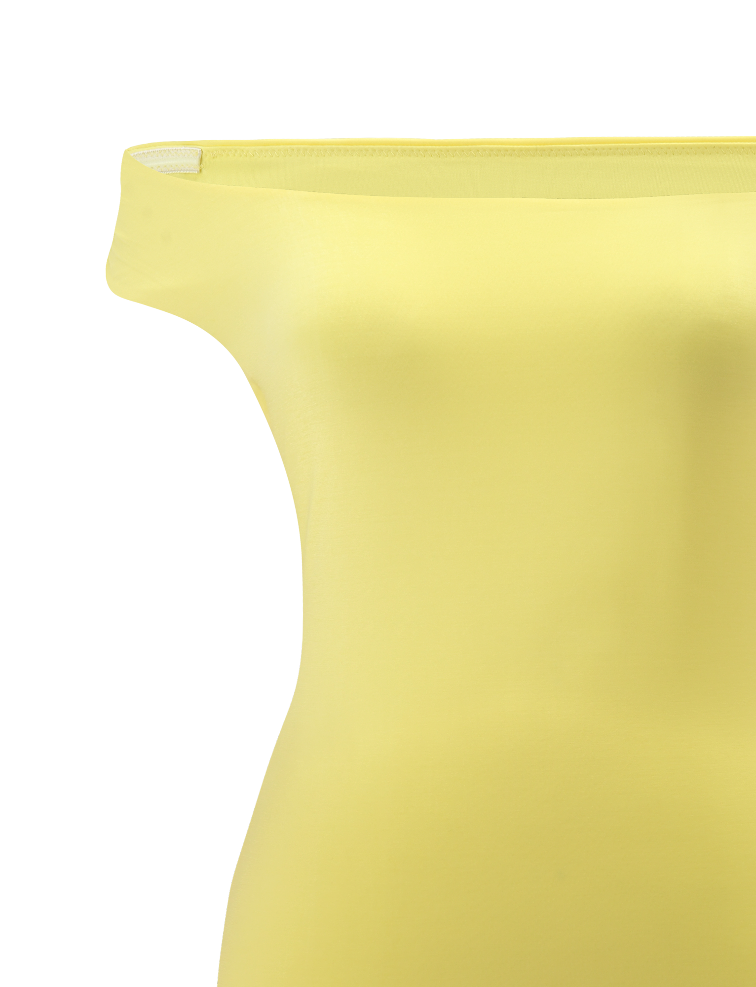 A close-up of the TIGERMIST CLIA MINI DRESS in Lemon—a pale yellow, off-the-shoulder mini dress displayed on a mannequin, showcasing a smooth, fitted silhouette with no visible details or embellishments.