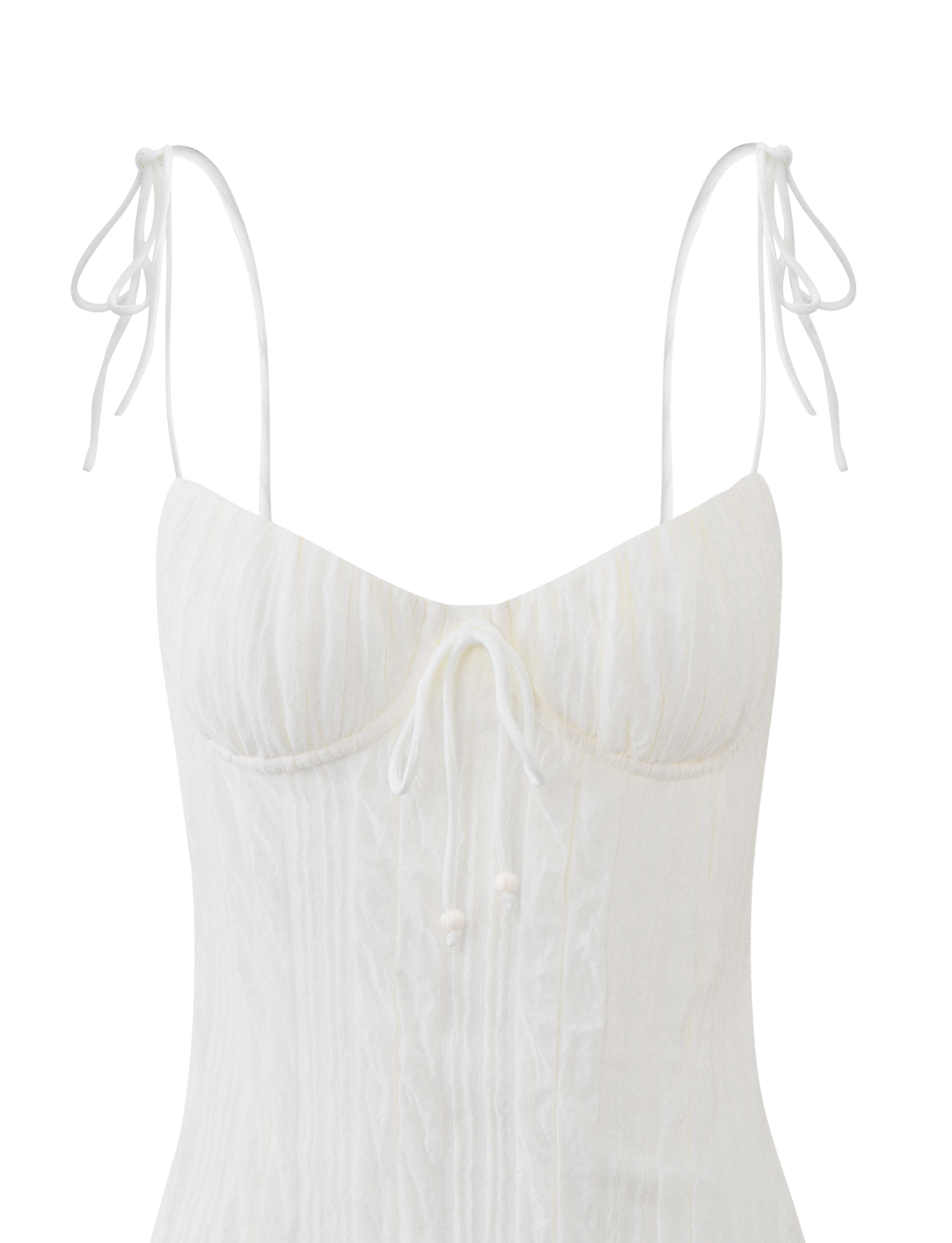 The TIGERMIST RANIA MINI DRESS in off white features a sleeveless design, textured fabric, sweetheart neckline, adjustable tie shoulder straps, a small front bow with loose strings, and a chic frill hem for added charm.