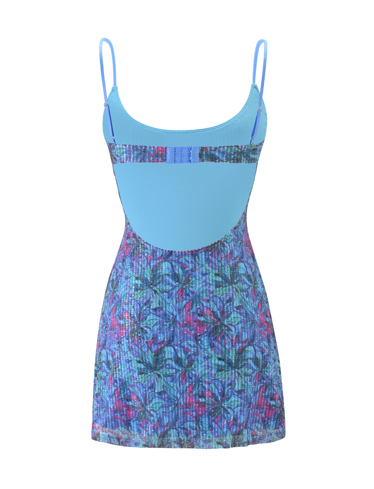 The ZEINA MINI DRESS by TIGERMIST features a sleeveless design with thin straps, a solid light blue bodice, and a floral sequin skirt in shades of blue, purple, and pink, shown against a plain background.