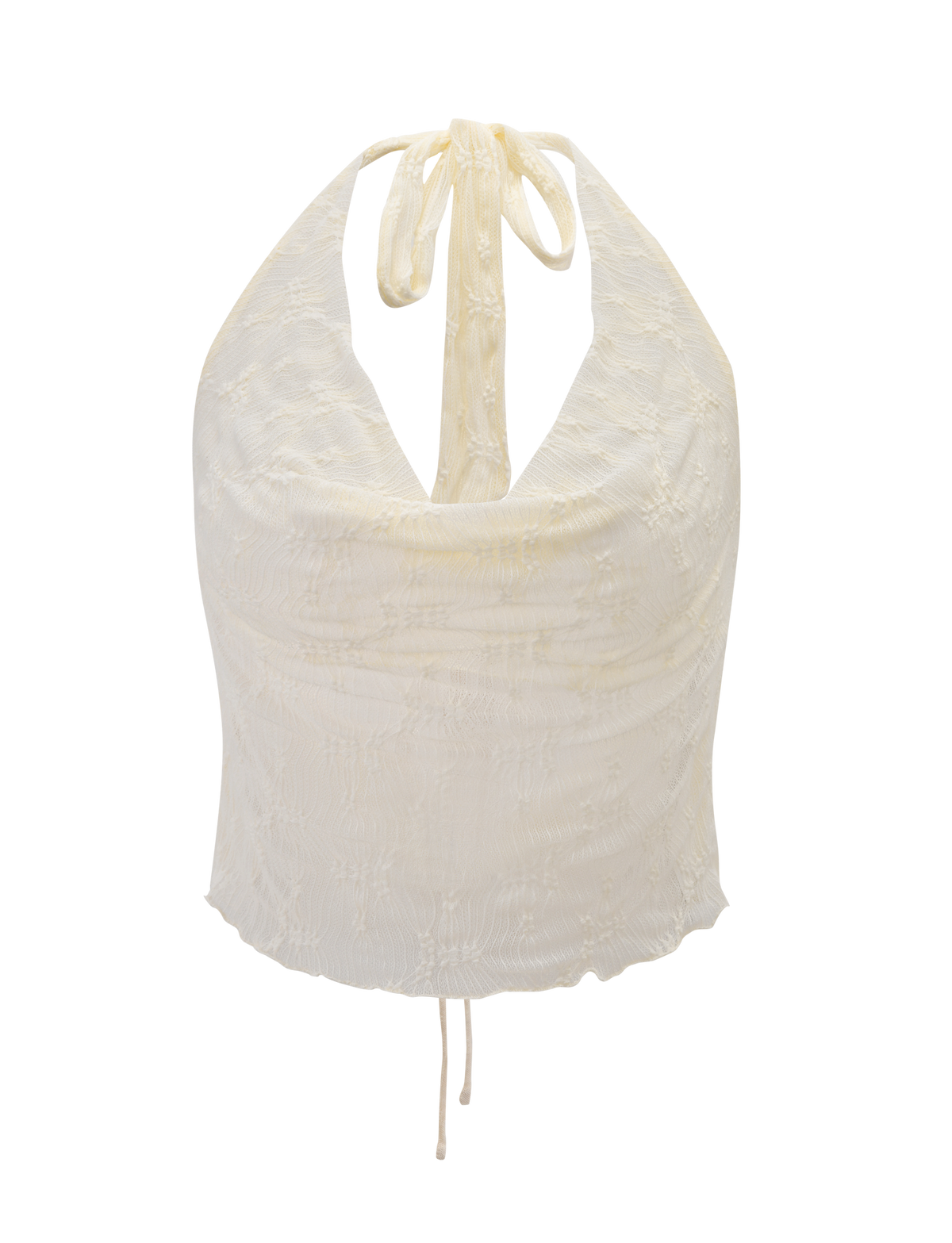 The KATERINA TOP - IVORY LACE by TIGERMIST is a cream-colored cowl neck halter with neck tie and ruched front detail, shown against a white background.