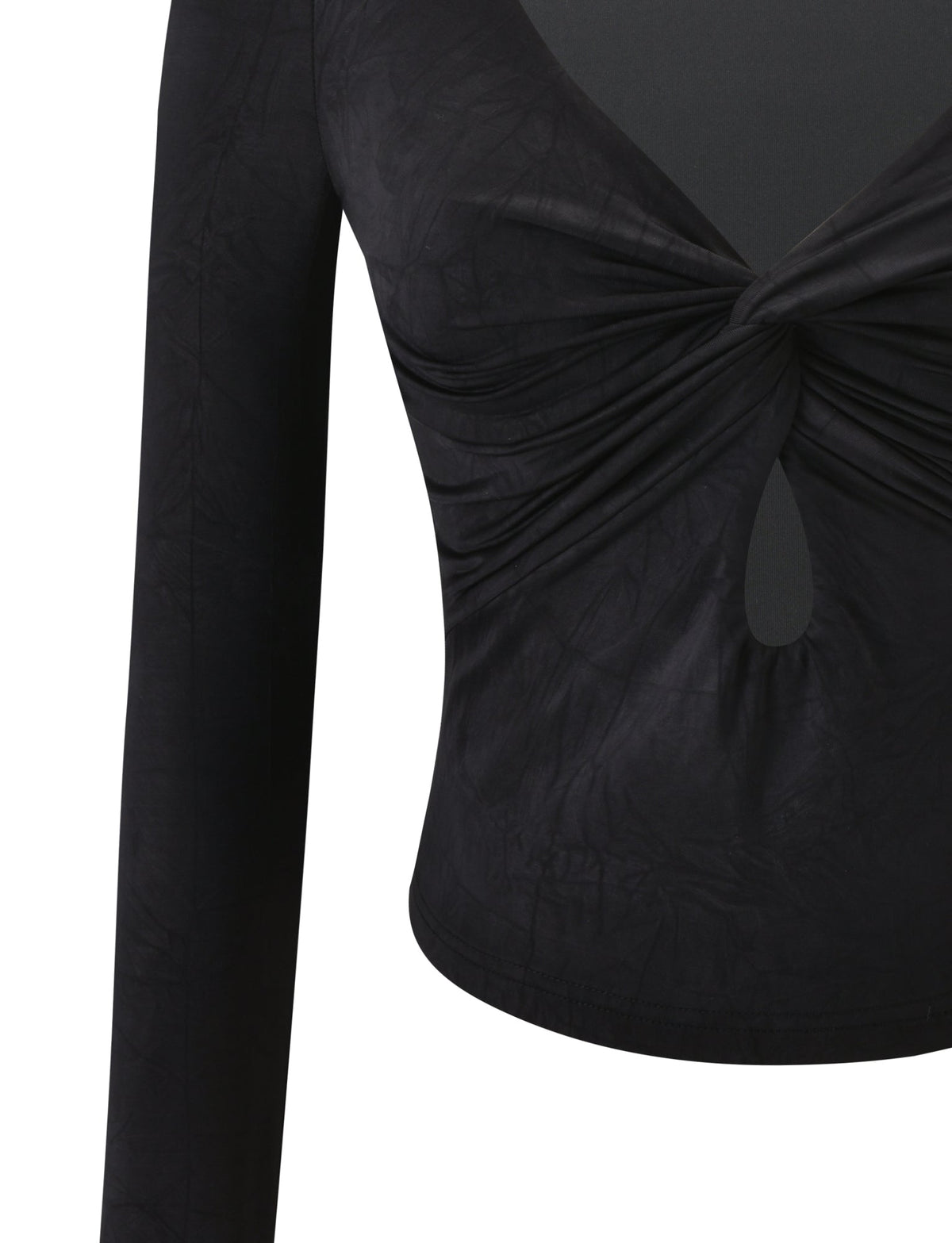 A close-up of the TIGERMIST SAFFIRA LONG SLEEVE TOP in black, featuring a twisted front, keyhole detail below the bust, and subtly textured fabric. Only one arm and the torso are shown.