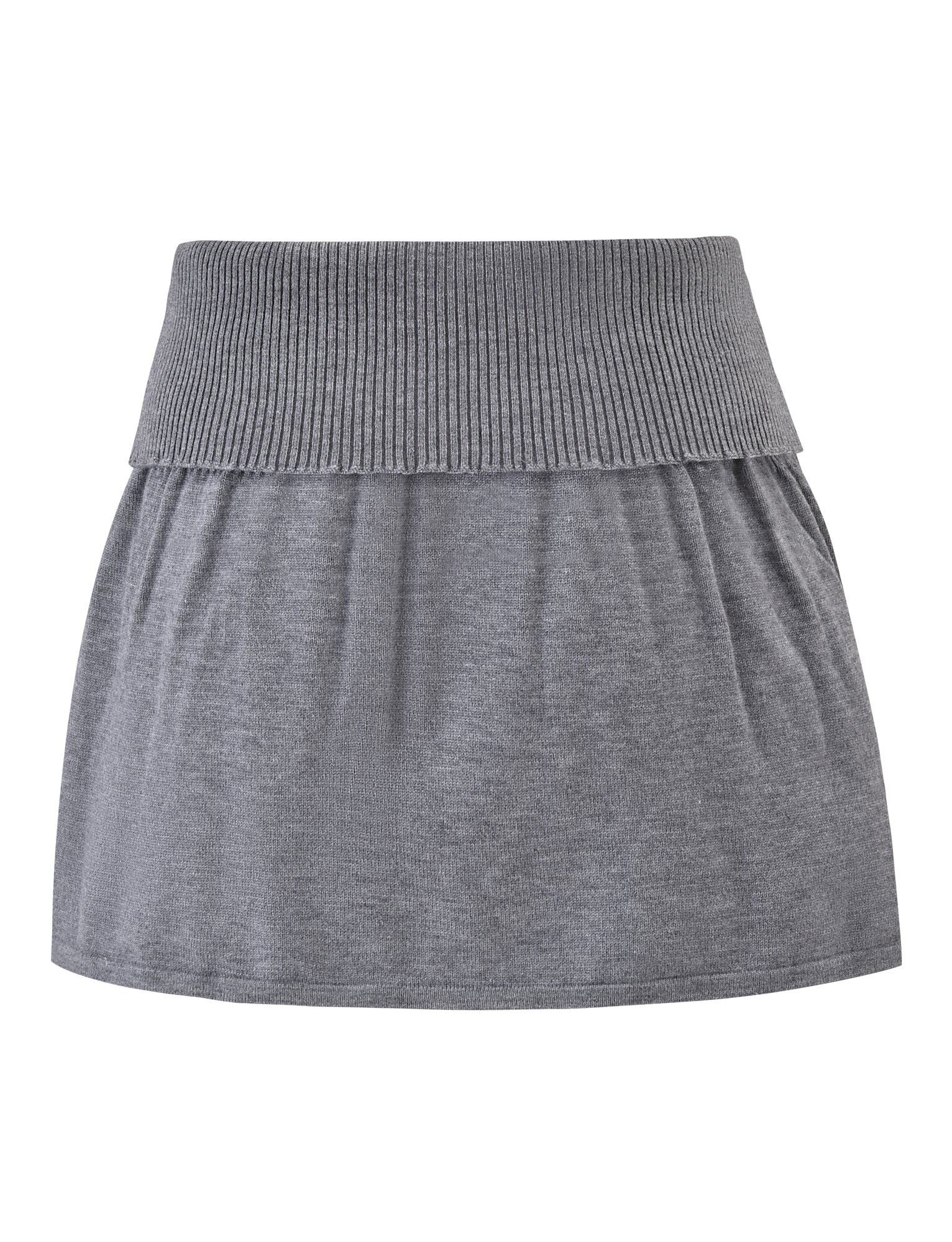 The TIGERMIST ROWENA MINI SKIRT - GREY is a knit mini skirt with a wide, fold-over ribbed waistband and softly gathered fabric that falls straight.