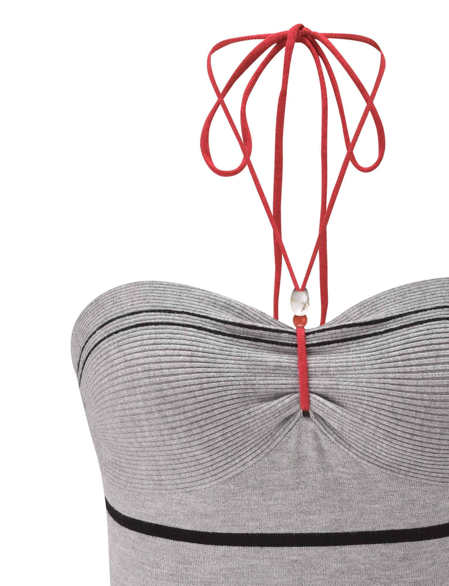 The NOUR TOP - GREY STRIPE by TIGERMIST is a strapless grey striped knit tube top featuring a gathered front and red halter ties tied in a bow at the neck.