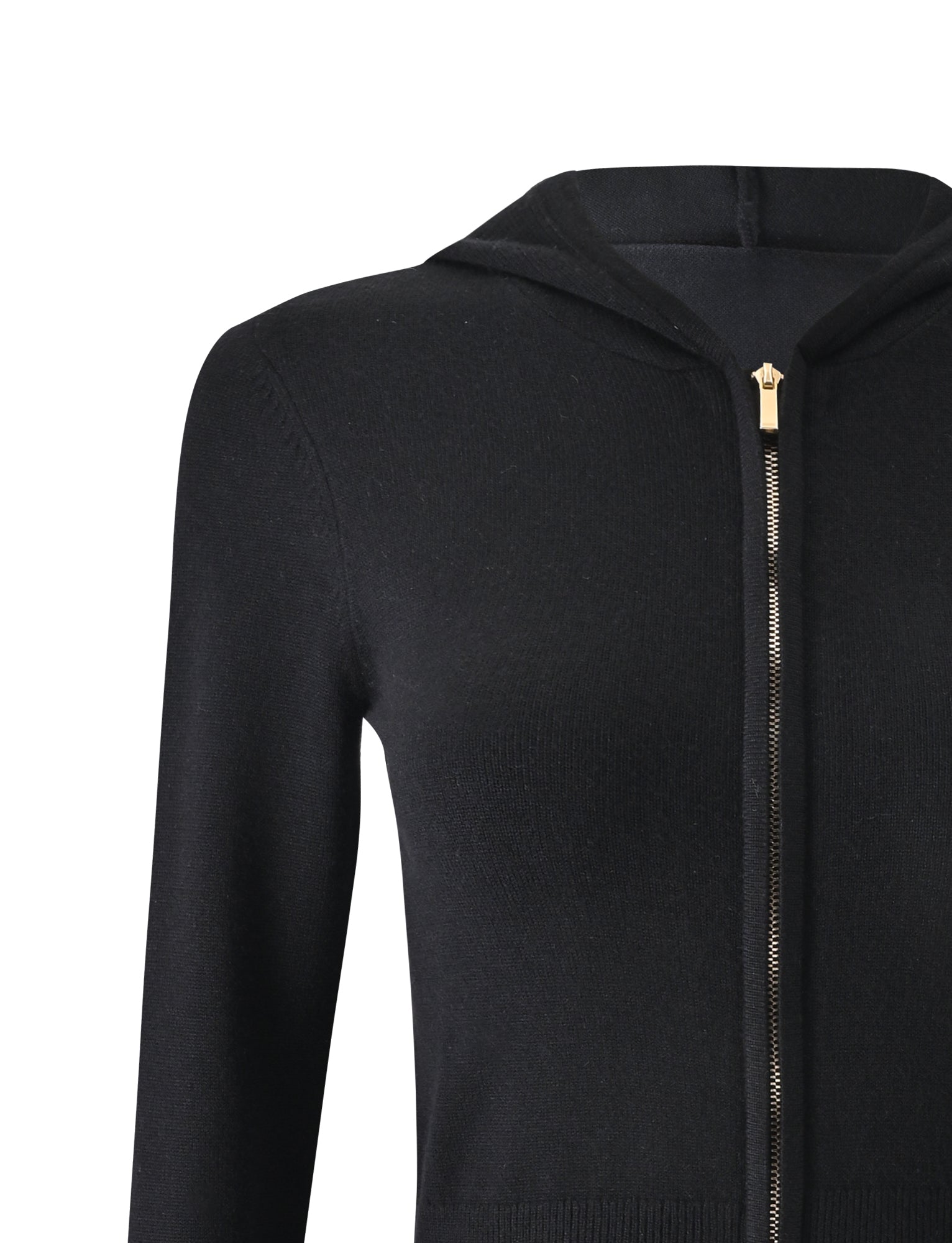Close-up of the TIGERMIST SARINA JUMPER in black, featuring a gold zipper, visible hood, and long sleeve. Upper torso shown against a plain white background.