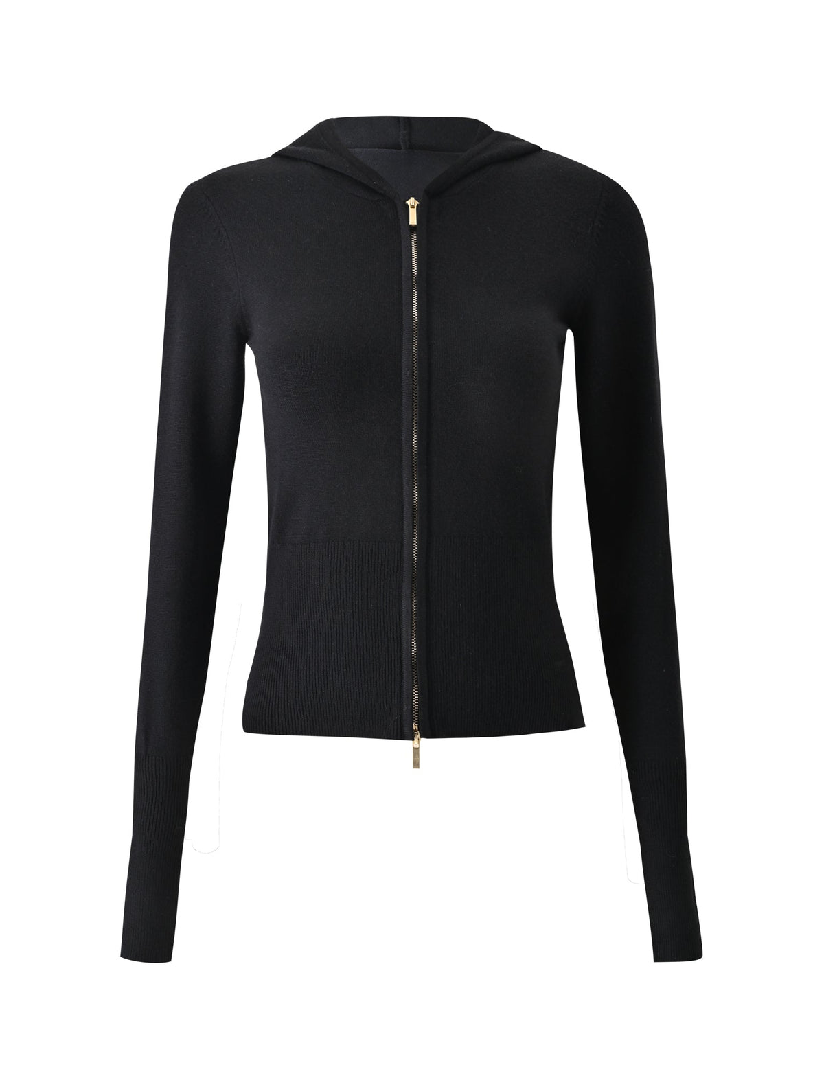 The SARINA JUMPER - BLACK by TIGERMIST is a fitted black knit hoodie with long sleeves and a minimalist gold front zipper, shown on a plain white background. No visible logos or patterns.