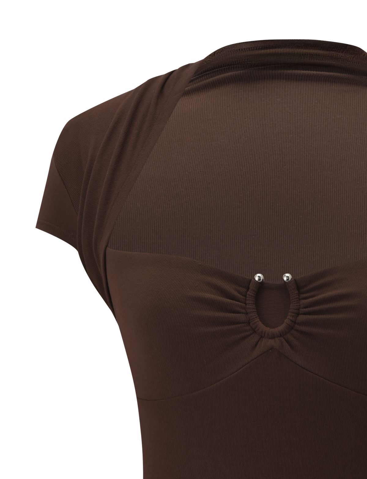 A close-up of the back of the TIGERMIST LUNARA TOP in chocolate, showing a circular gathered detail at the upper back with two small silver metal trim studs.