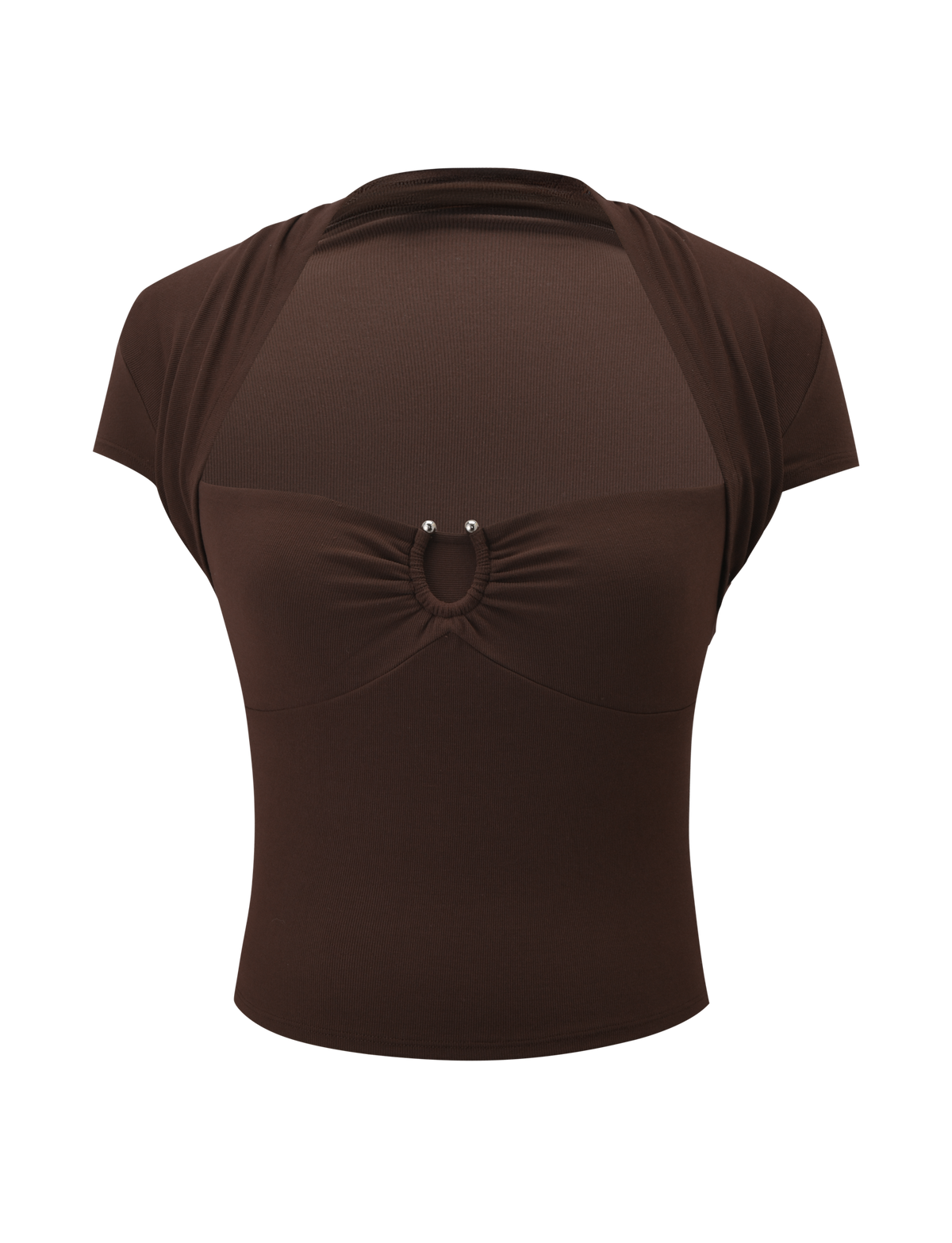 The LUNARA TOP - CHOCOLATE by TIGERMIST is a short sleeve chocolate brown top with a sheer chest panel, high shawl neckline, silver ring detail at the front, stretchy fabric, and subtle silver metal trim.
