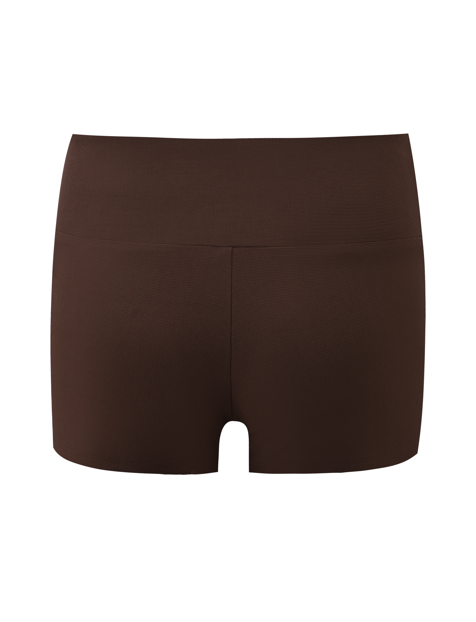 The LUNARA SHORT - CHOCOLATE by TIGERMIST are high-waisted, seamless mini shorts with a wide waistband and smooth fit, shown from the back against a white background.