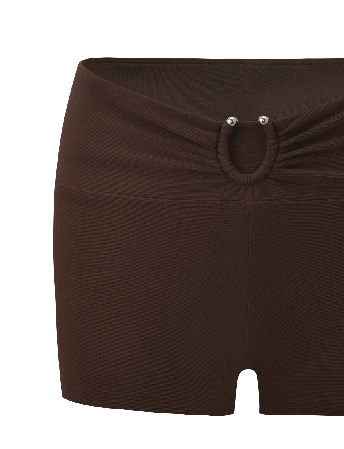 The LUNARA SHORT - CHOCOLATE by TIGERMIST is a high-waisted mini short in chocolate brown, featuring a smooth, fitted look with a ruched front detail, circular metal ring, and two metallic studs at the wide waistband.