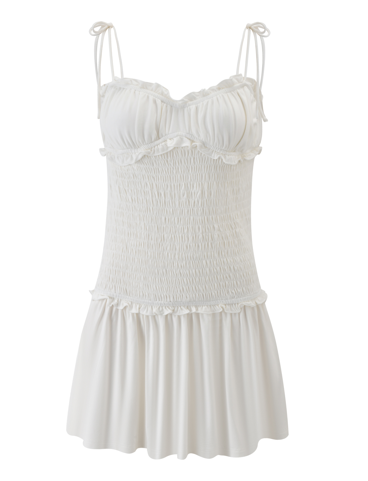 The SAFIRA MINI DRESS - WHITE by TIGERMIST features thin tie shoulder straps, a ruched bodice, ruffle trim, a smocked waist, and a flared skirt.