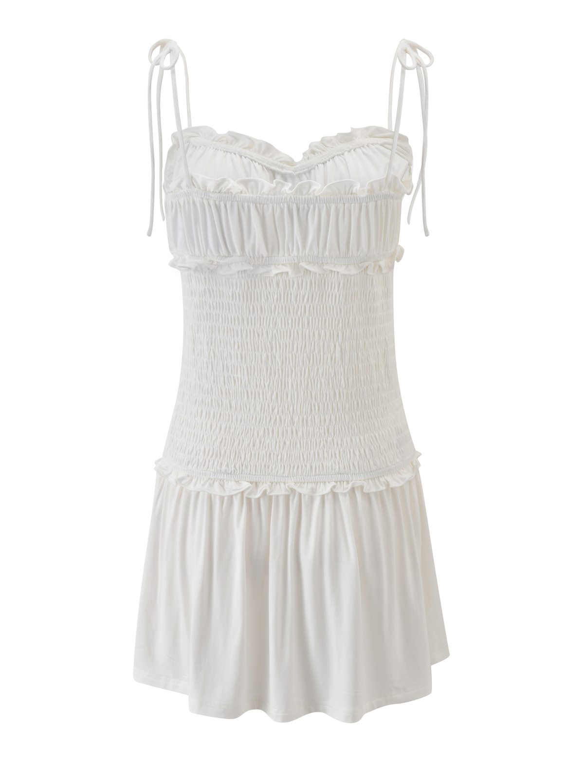 The SAFIRA MINI DRESS by TIGERMIST features tie shoulder straps, a ruched bodice, ruffled neckline, smocked waist, and a gently flared skirt in classic white.