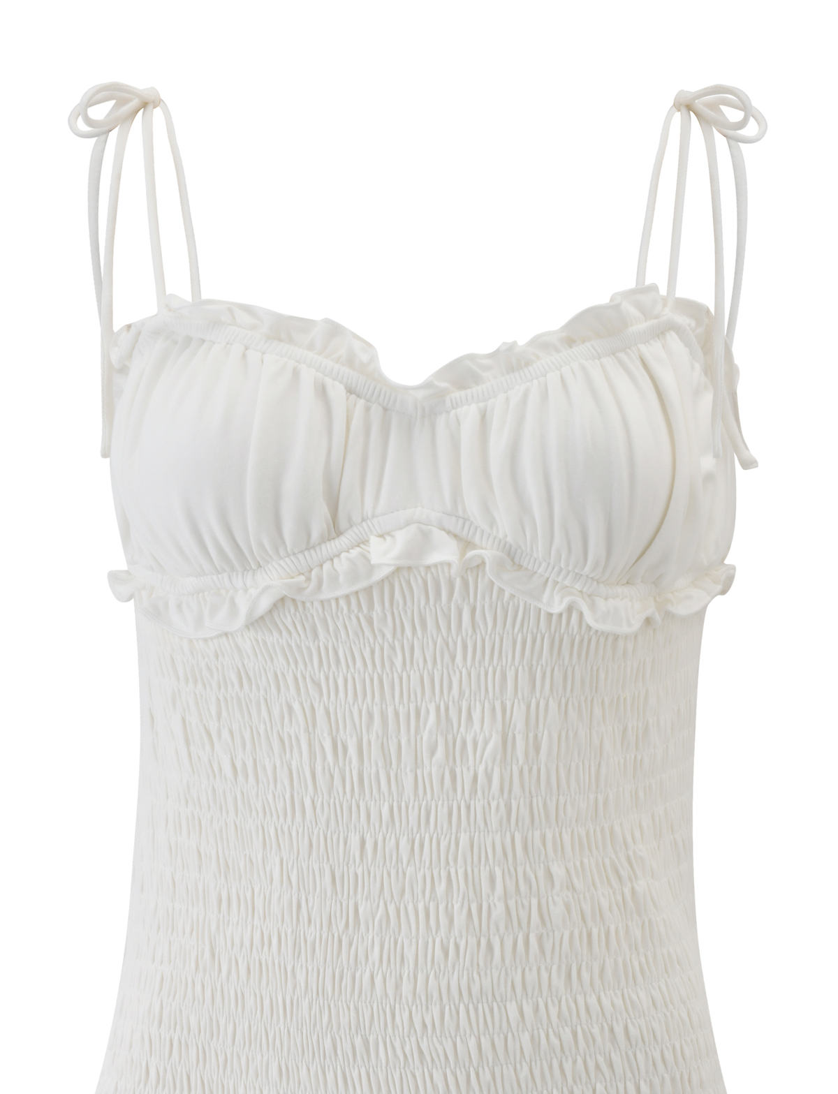 The SAFIRA MINI DRESS by TIGERMIST in white showcases tie shoulder straps, a ruffled neckline, and a smocked elastic bodice for a chic look.