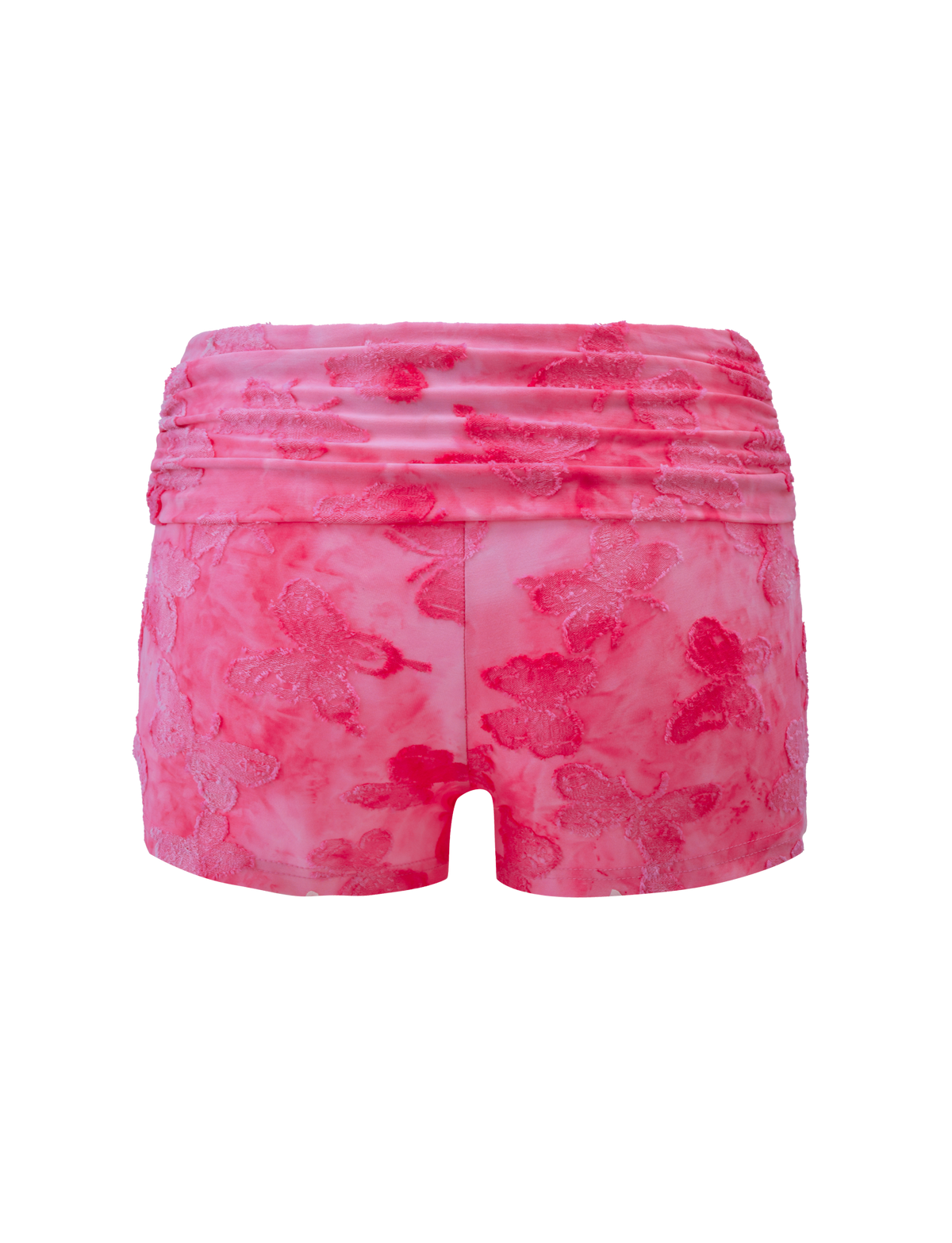 The PATRIZIA SHORT - PINK BUTTERFLY by TIGERMIST are pink high-waisted mini shorts with a ruched waistband and shiny, textured butterfly patterns, shown against a white background.