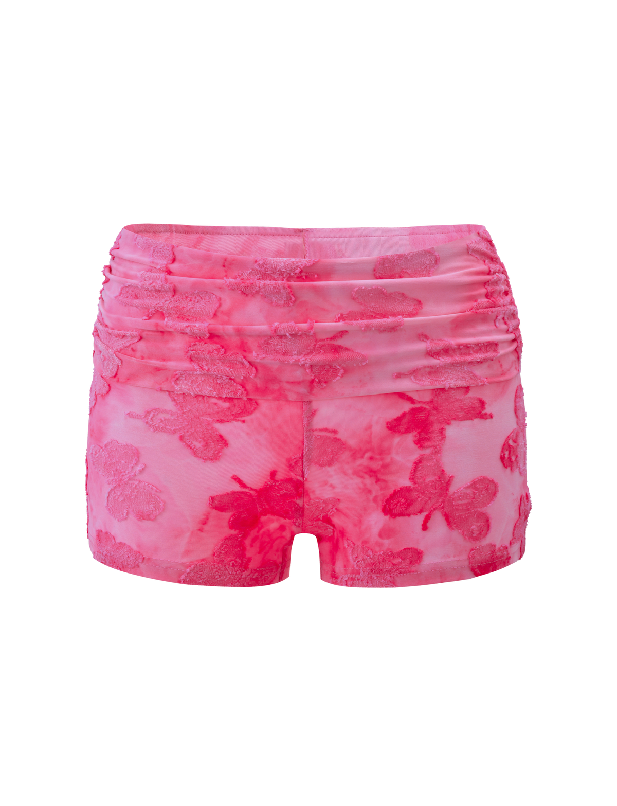 The TIGERMIST PATRIZIA SHORT - PINK BUTTERFLY features a bright pink hue, ruched waistband, embroidered floral pattern, textured flower designs, and a delicate butterfly appliqué for a chic standout look.