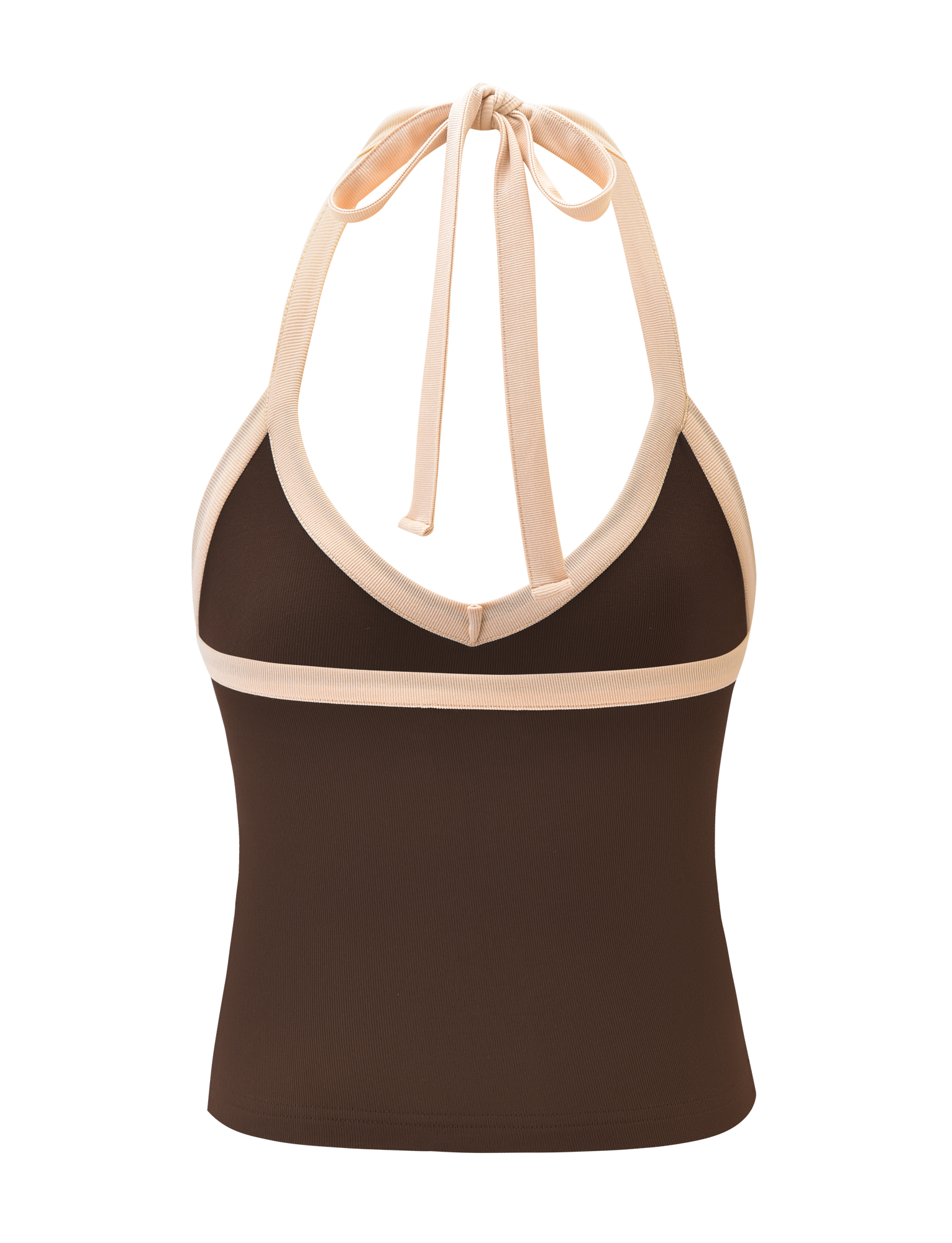 The ALYSIA TOP - CHOCOLATE by TIGERMIST is a ribbed, chocolate brown halter neck top with light beige trim and a bow at the neck, showcasing a deep neckline and fitted silhouette.
