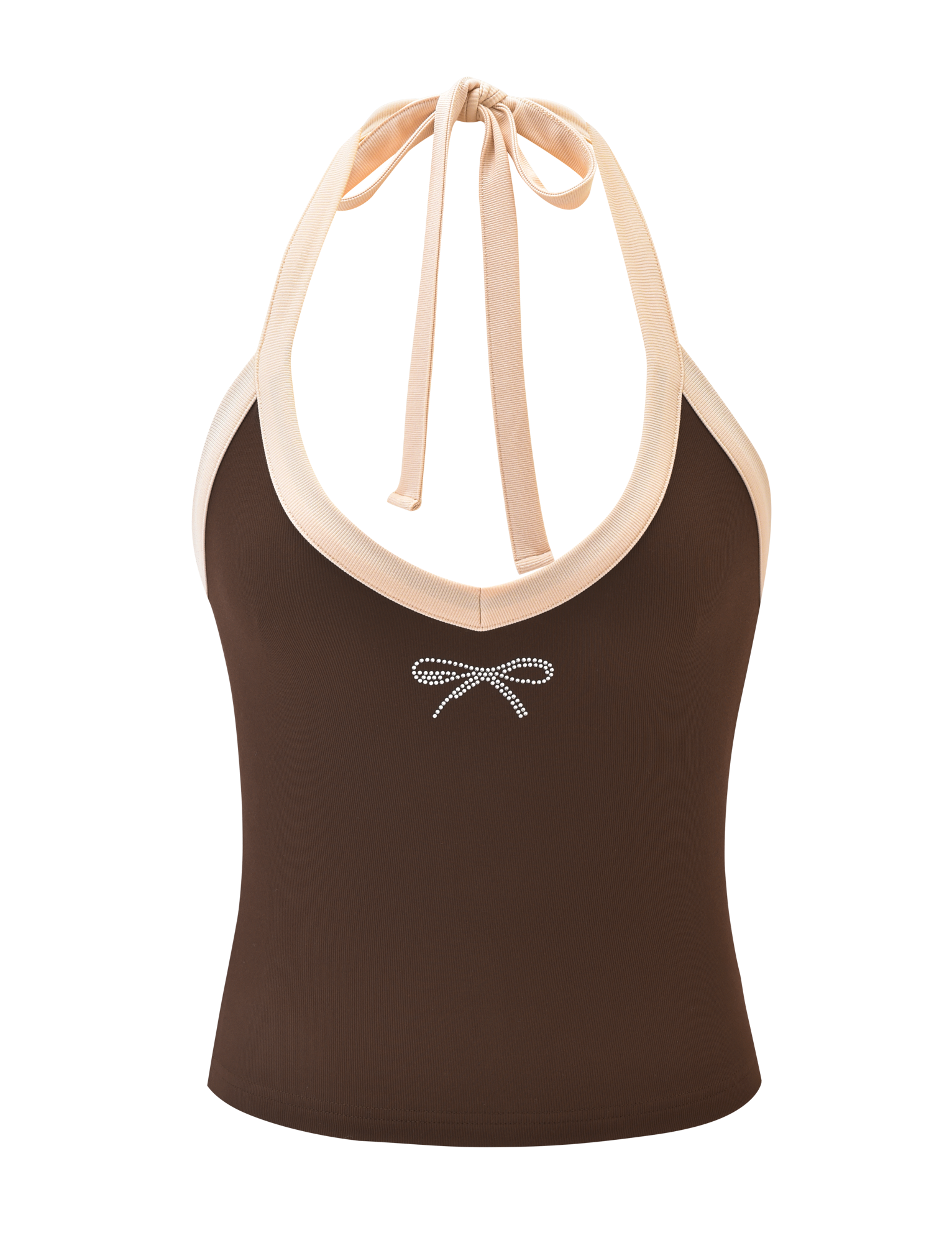 The ALYSIA TOP - CHOCOLATE by TIGERMIST is a ribbed, chocolate brown halter neck top with cream tie straps and a rhinestone bow accent at the front center.