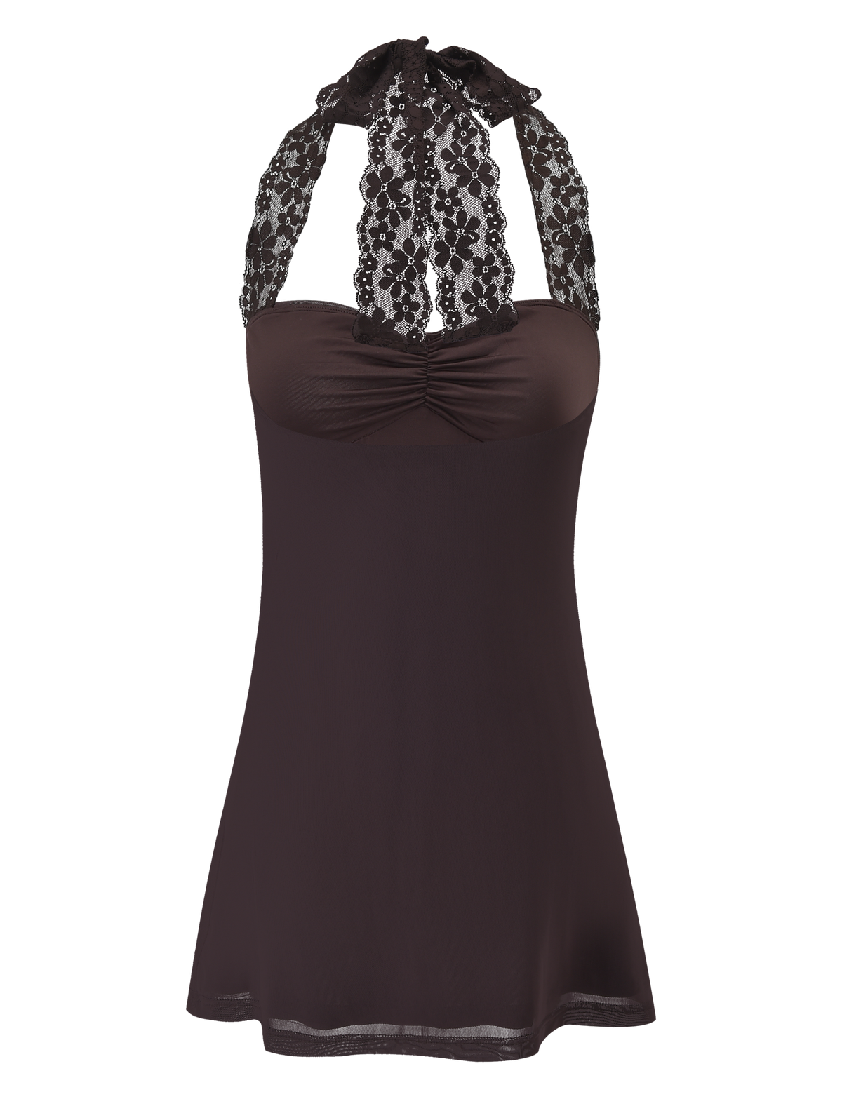 The TAWNY MINI DRESS by TIGERMIST is a chocolate sleeveless halter dress with a lace neckline and straps, gathered bust, and a flowy mini silhouette.
