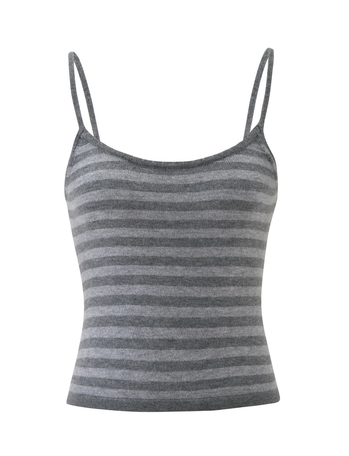 The LEORA TOP - GREY STRIPE by TIGERMIST is a sleeveless, fitted knit tank with thin adjustable straps and horizontal light and dark grey stripes.