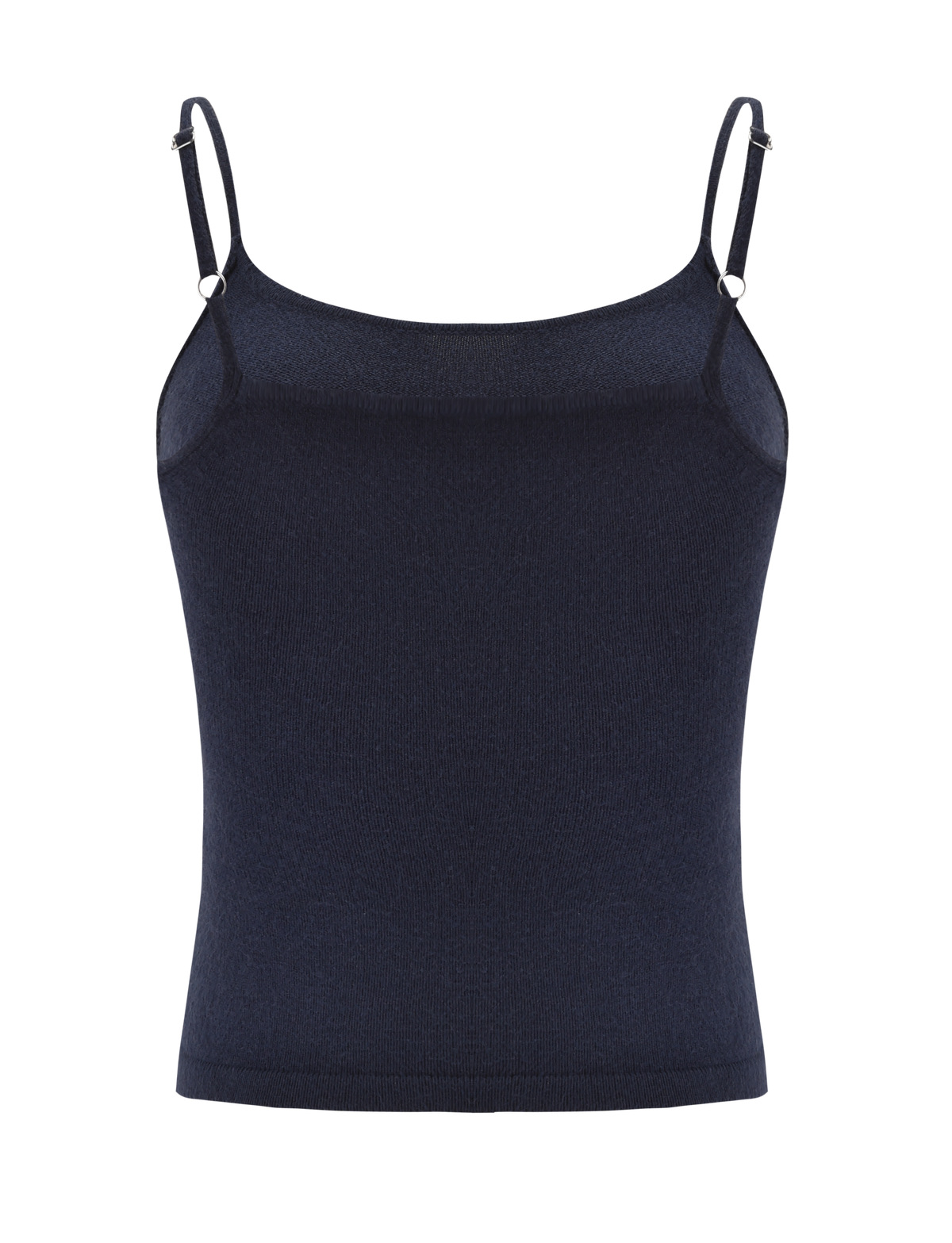 The TIGERMIST LEORA TOP - NAVY is a fitted knit tank with thin adjustable spaghetti straps and a scalloped neckline, shown on a white background.
