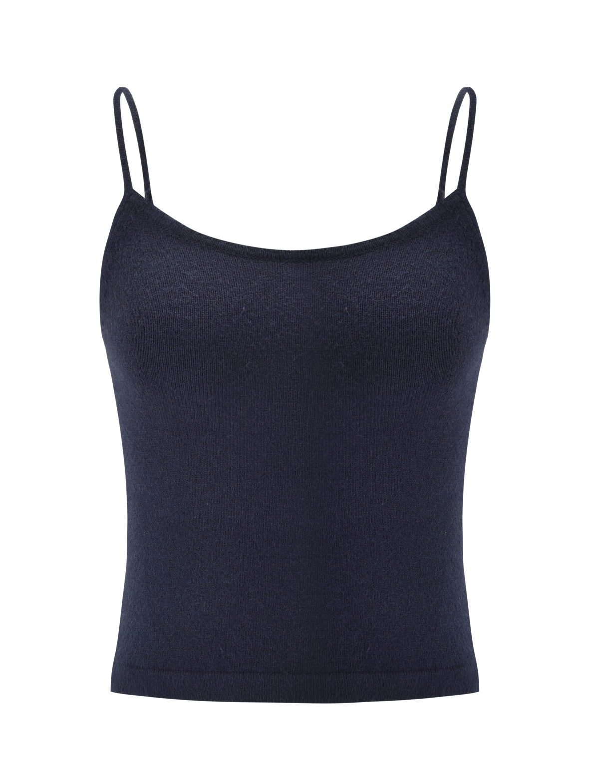 The TIGERMIST LEORA TOP - NAVY is a fitted knit tank with thin spaghetti straps and a straight neckline, shown on a plain white background.