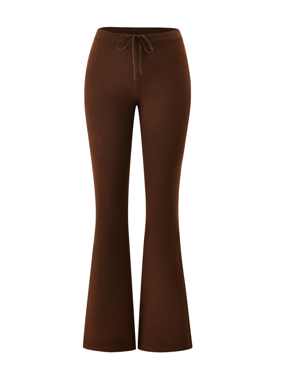 The LEORA PANT - CHOCOLATE by TIGERMIST features a high-waisted, flared silhouette and adjustable drawstring waist, shown against a white background.