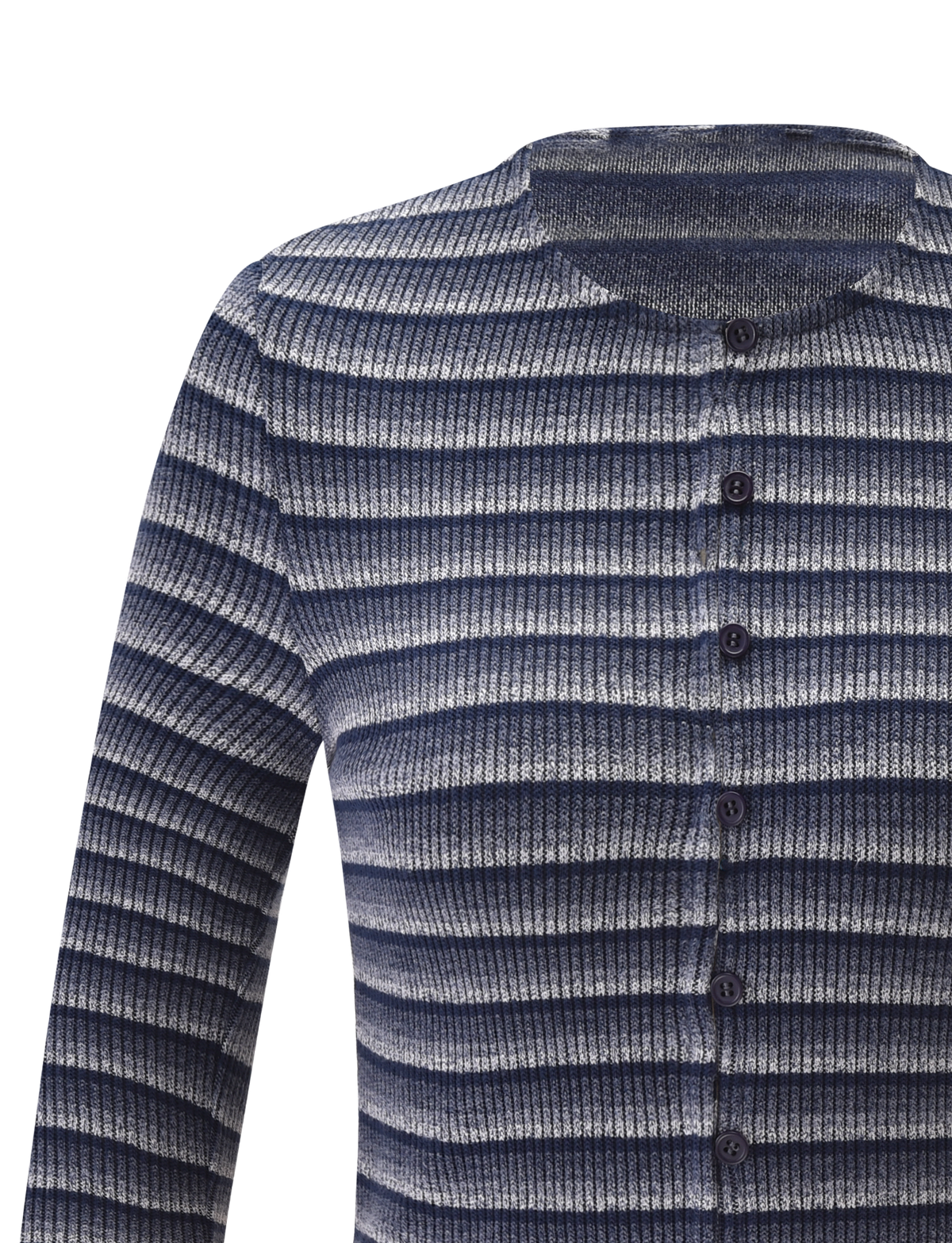 The TIMARA CARDIGAN - NAVY STRIP by TIGERMIST is a ribbed knit with mini buttons, featuring navy, white, and gray horizontal stripes crafted from space-dyed yarns.
