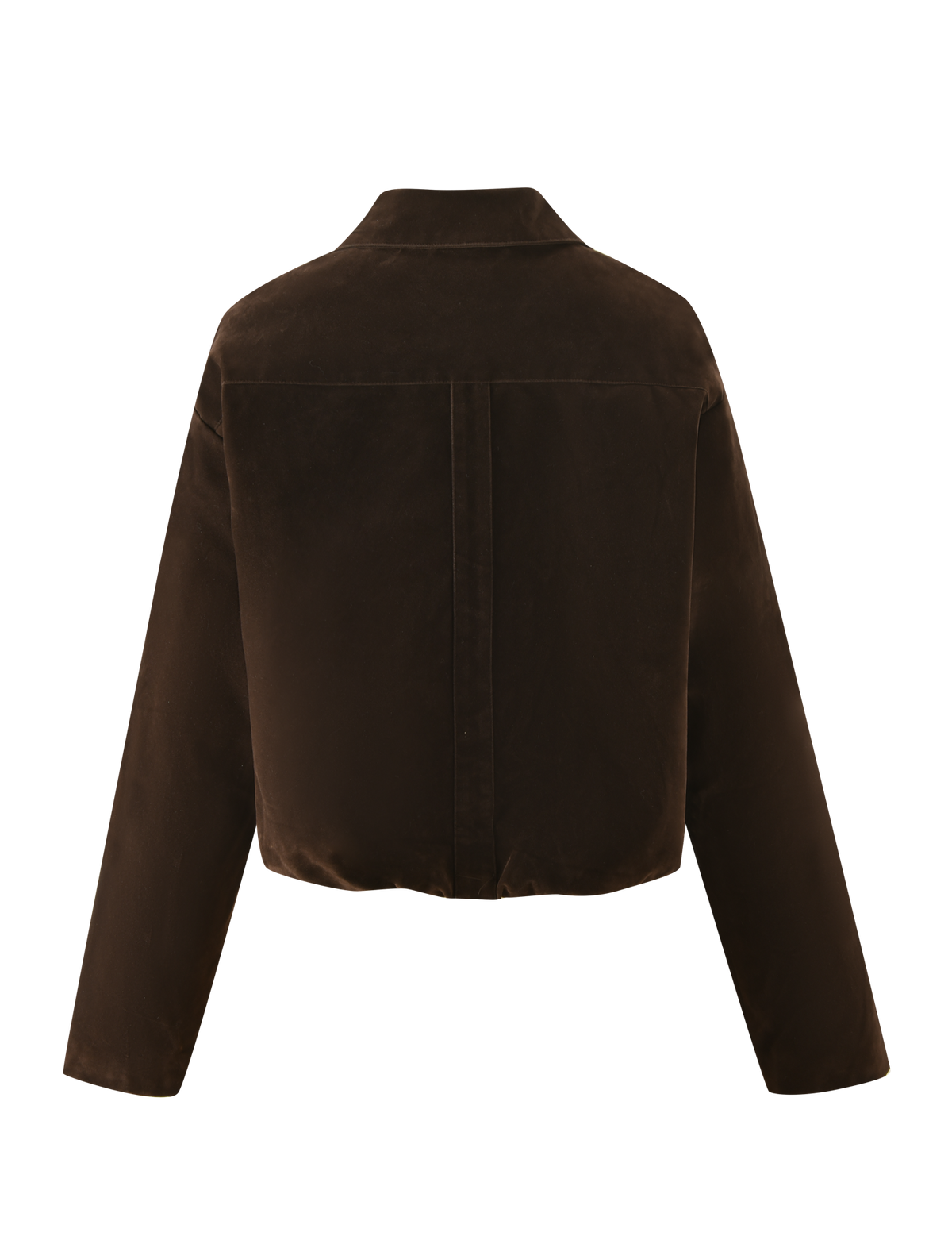 Back view of the TIGERMIST CAMELLIA BOMBER JACKET in chocolate suede, a long-sleeve, cropped design with a straight collar and visible center seam, finished in a distressed vintage wash.