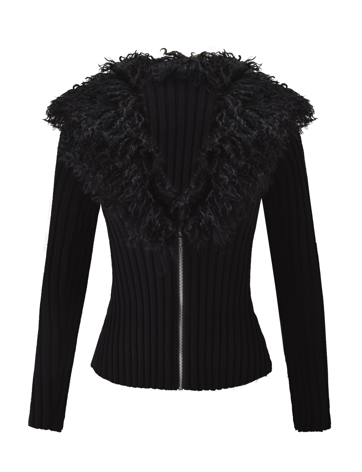 The BRISA JUMPER by TIGERMIST is a black, long-sleeve ribbed cardigan featuring a large faux fur collar, fitted silhouette, and sleek silver zipper, shown against a white background.