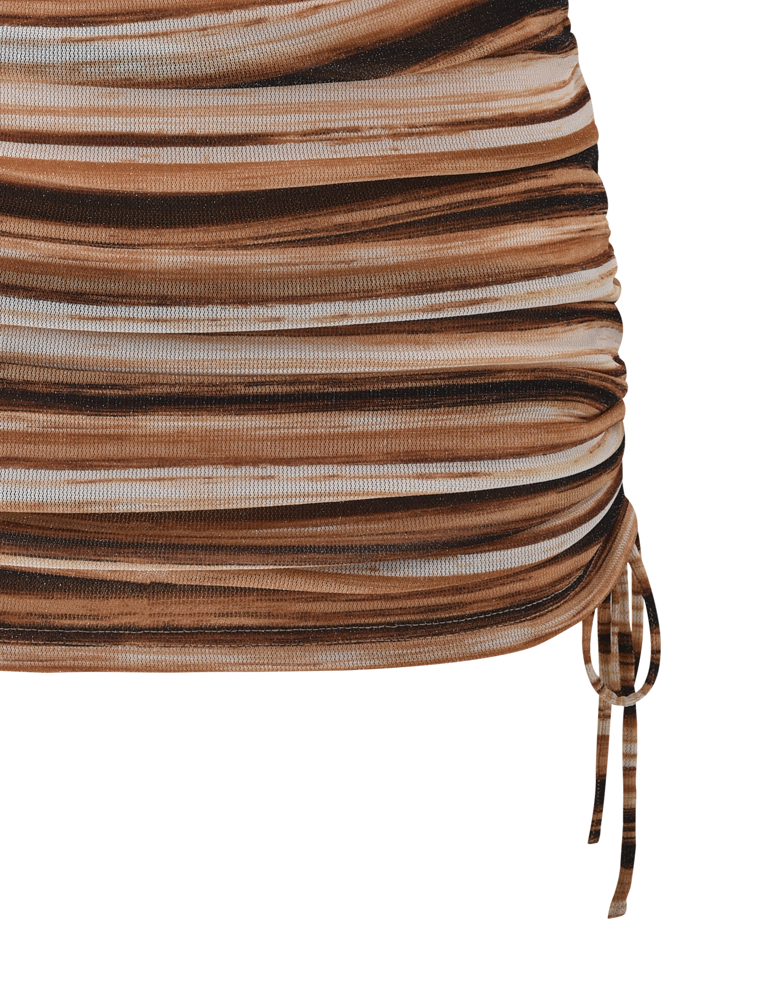 Close-up of the TIGERMIST BRAELYN MINI SKIRT in brown stripe, showcasing ruched fabric with brown, beige, and black horizontal stripes and a drawstring detail on the right side against a white background.