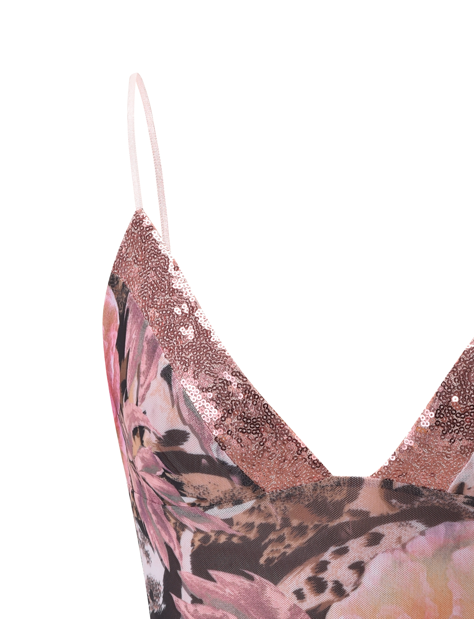 Close-up of the TIGERMIST FENELLA TOP - ANIMALIER FLORAL, featuring thin straps, a pink and brown animal floral print, and a sparkling rose gold sequin trim along the neckline.