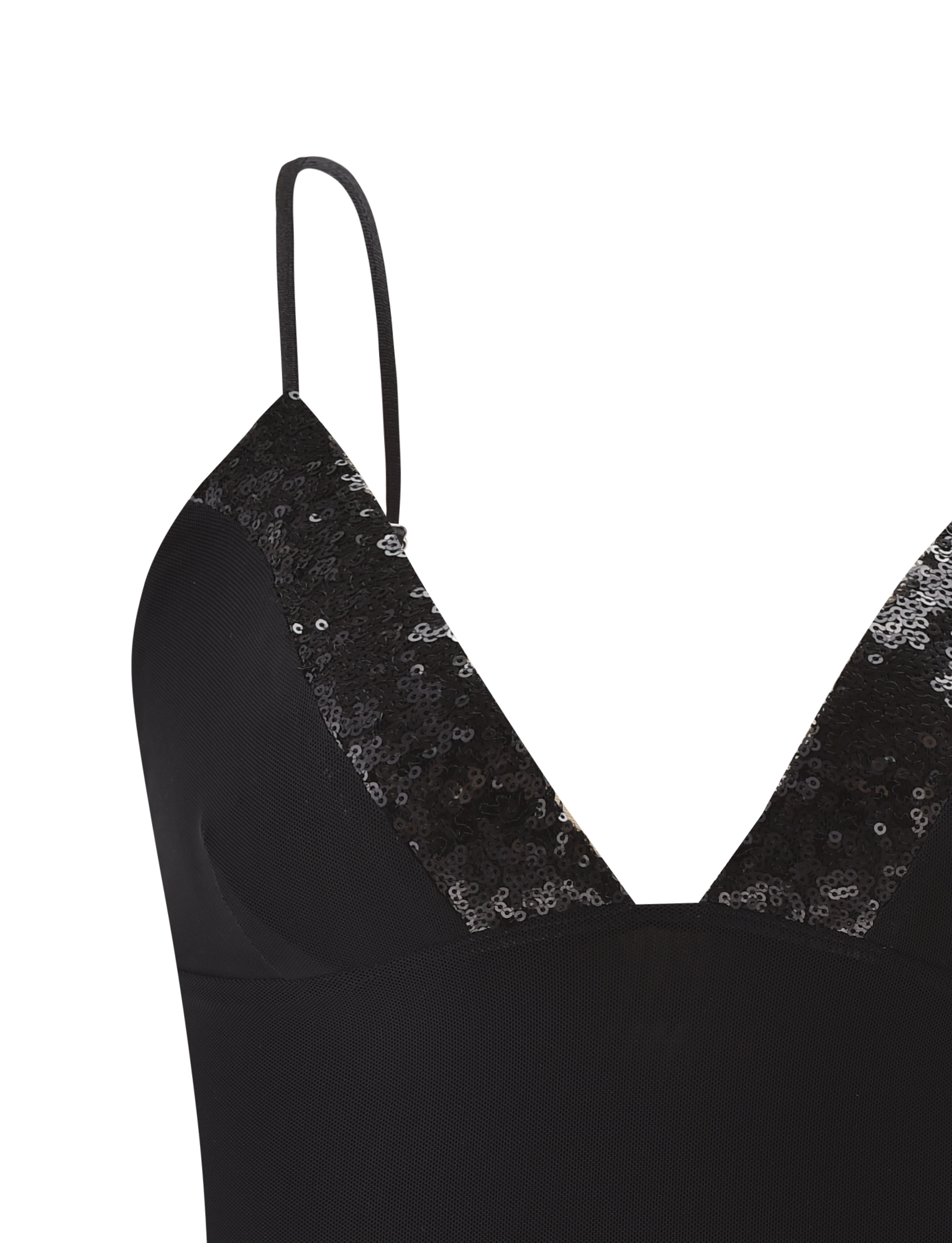 Close-up of the TIGERMIST FENELLA TOP - BLACK, a mesh tank with adjustable spaghetti straps, deep V-neckline, and shimmering black sequin embellishments.
