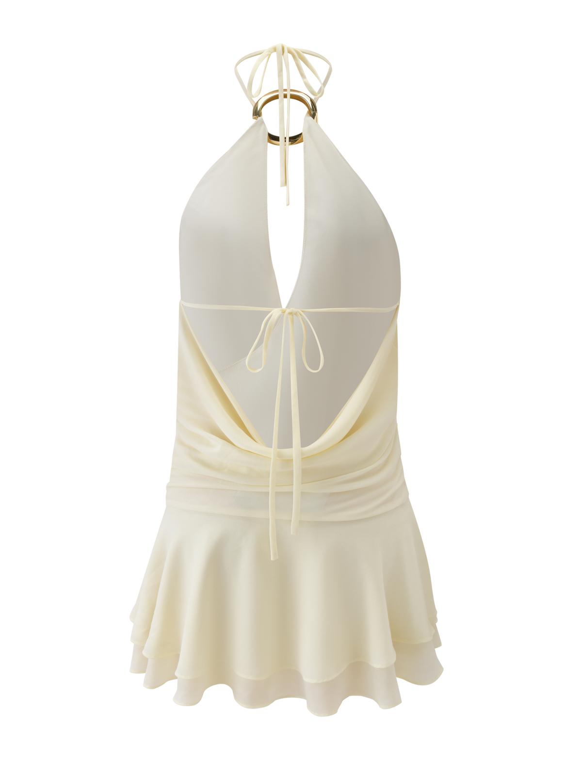 The INDIGO MINI DRESS 2.0 by TIGERMIST is an ivory halter mini dress with tie neck and back straps, a plunging neckline, flared ruffled hem, and softly draped fabric for an elegant, flowing look.
