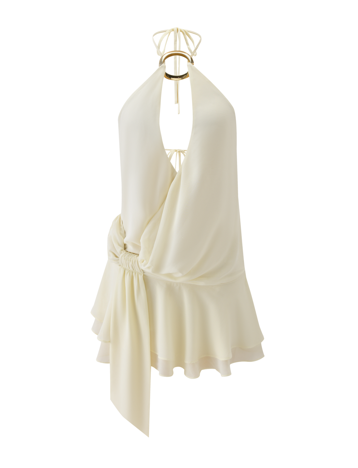 The INDIGO MINI DRESS 2.0 by TIGERMIST is a sleeveless ivory halter mini with a deep V-neckline, gathered adjustable waist, draped fabric, ruffle hem, ring detail at the neckline, and tie-back straps for a customizable fit.
