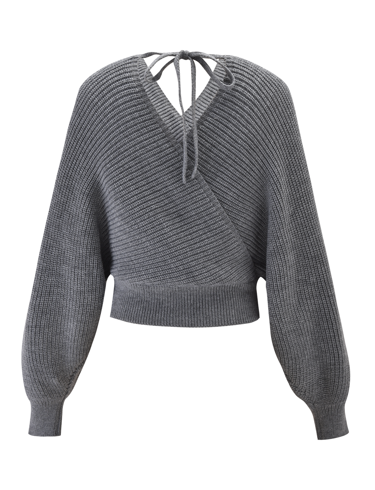 The RAVEN JUMPER - GREY by TIGERMIST is a chic faux wrap knit with long sleeves, ribbed cuffs and hem, plus an open back tied at the neckline—blending comfort and style for a versatile look.
