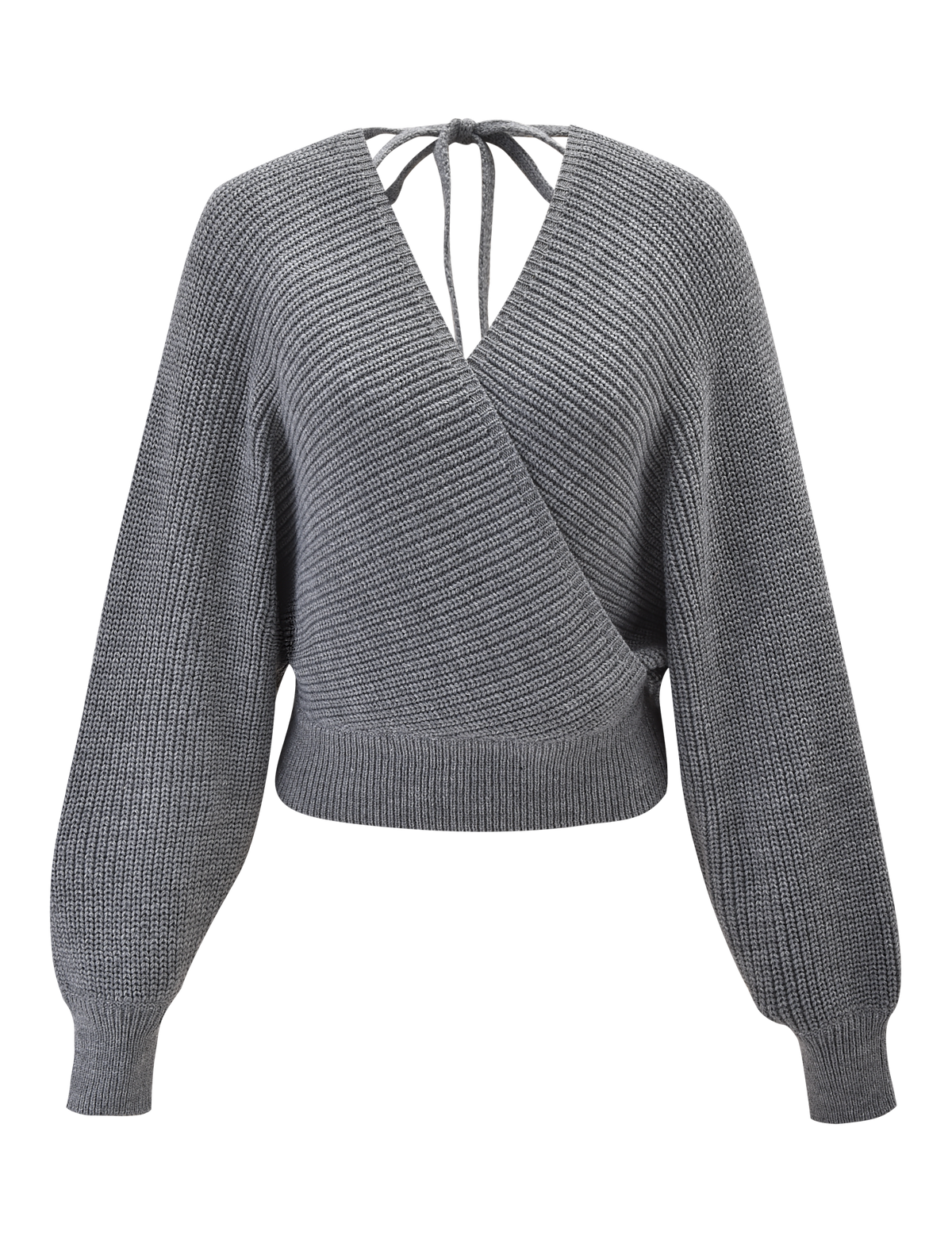 The TIGERMIST RAVEN JUMPER - GREY features a faux wrap style, ribbed knit, long bell sleeves, deep V-neck, neck tie-back detail, and a fitted waistband for a chic modern look.