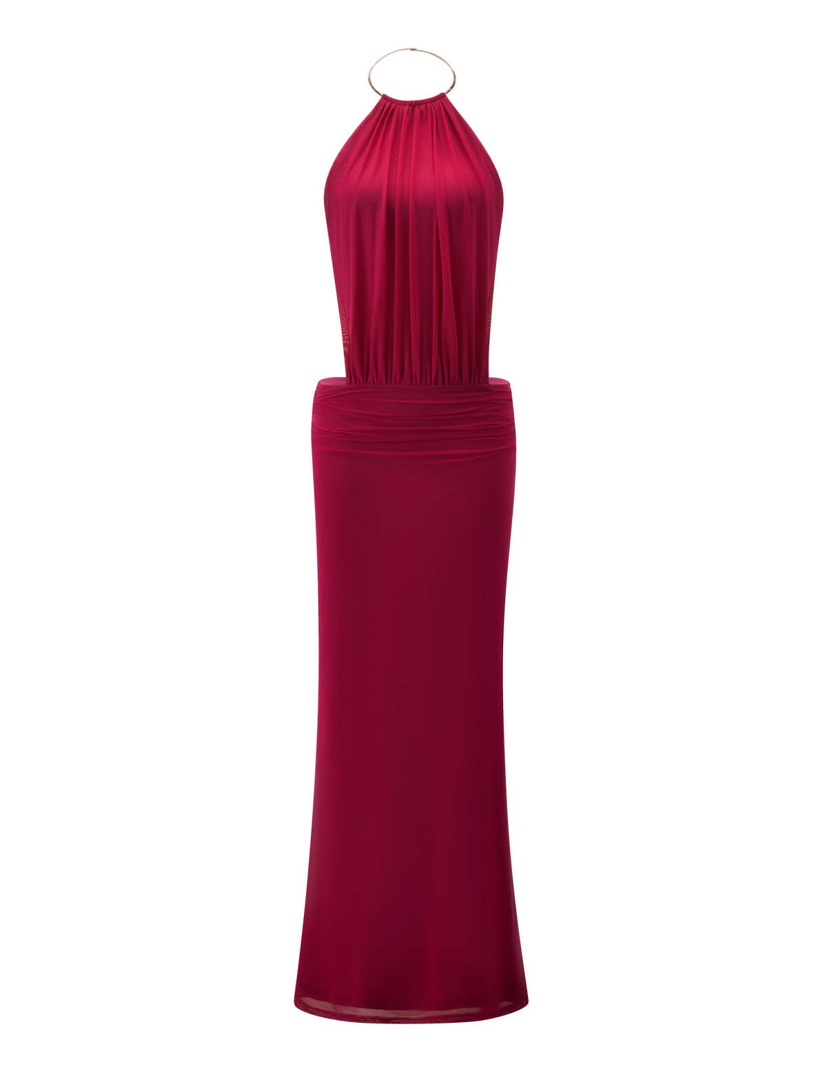 The EVANNA MAXI DRESS - BERRY by TIGERMIST is a sleeveless, floor-length magenta halter dress with a gathered neckline, gold ring detail at the neck, fitted waist, and elegant open back, shown against a white background.