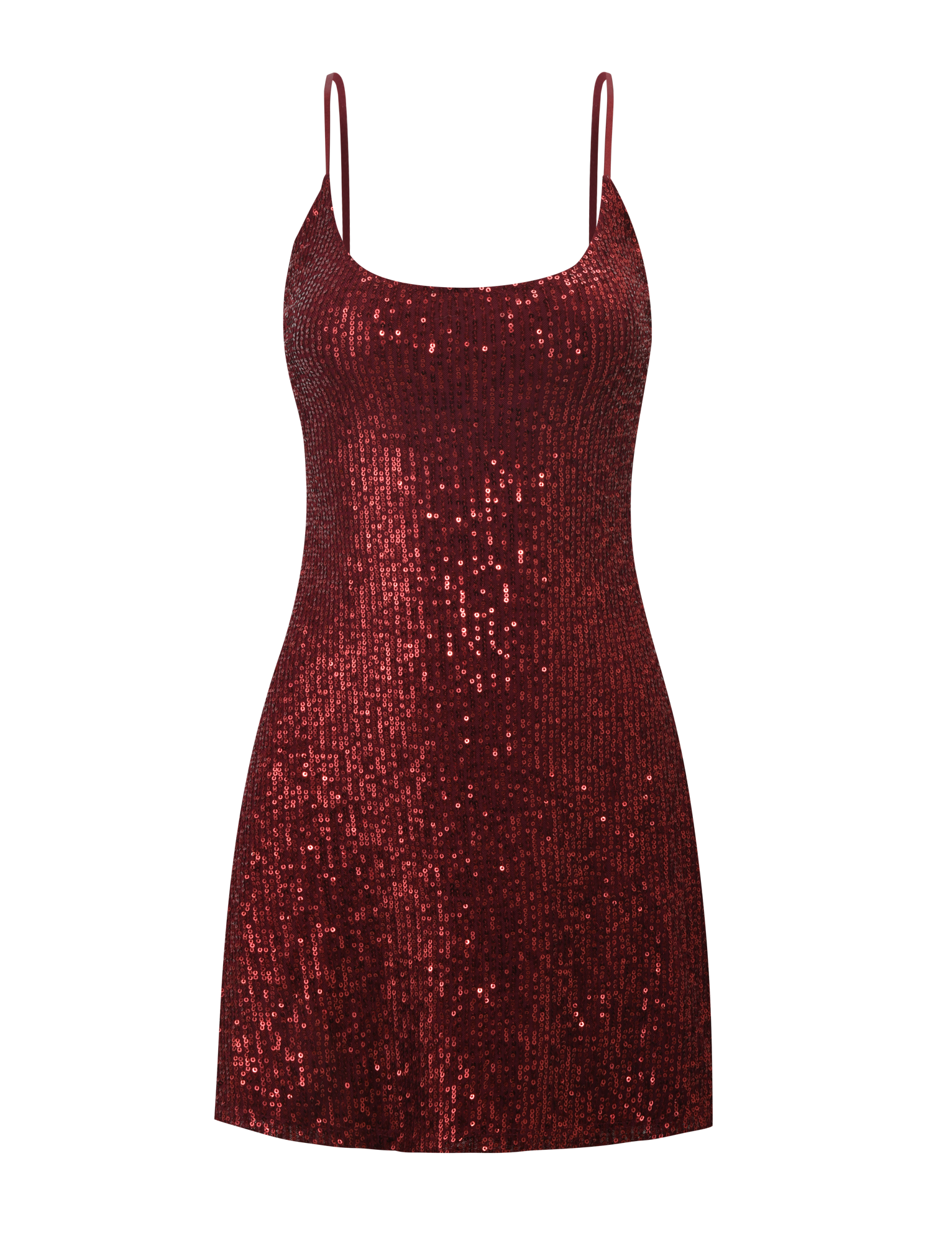 The ZEINA MINI DRESS by TIGERMIST is a sleeveless wine sequin A-line mini dress with thin straps and a scoop neckline, offering a dazzling, glamorous look.