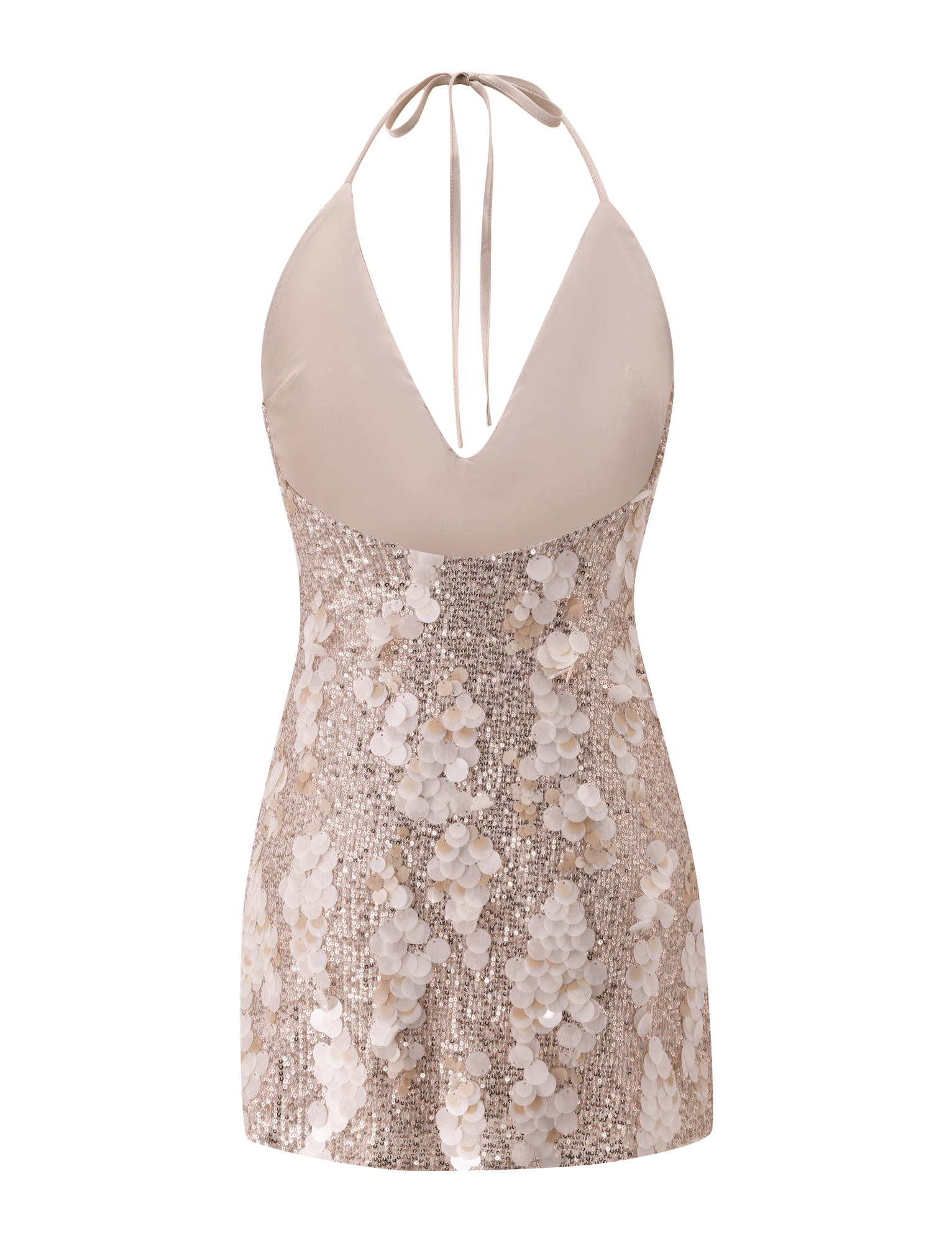 The TIGERMIST ZANA MINI DRESS - GOLD is a sleeveless mini dress with a deep V-neck halter, open back, beige bodice, and a skirt embellished with gold sequins and 3D floral appliqués.