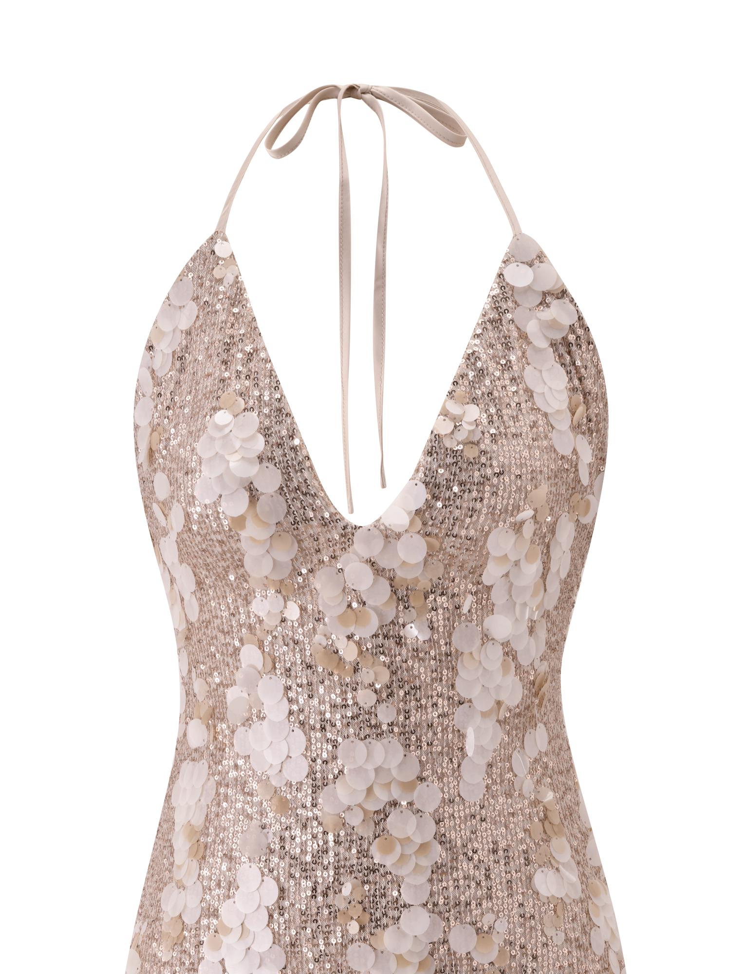 The ZANA MINI DRESS - GOLD by TIGERMIST is a sleeveless halter neck mini dress with a deep V-neck, adorned with gold sequins and 3D floral appliqués—an elegant choice for standout occasions.