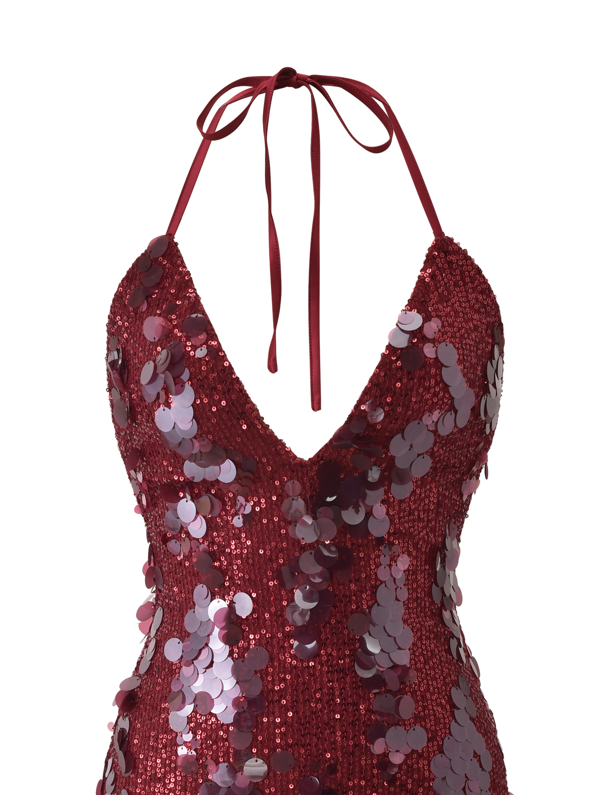 A close-up of the TIGERMIST ZANA MINI DRESS - RED, showcasing its plunging V neckline, thin tie straps, and large reflective sequins for a shimmering look.