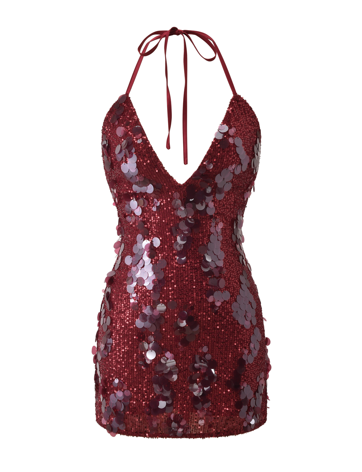 The TIGERMIST ZANA MINI DRESS - RED is a sleeveless sequin mini dress with a halter neck tie and low-cut V neckline, featuring large and small sequins, shown on a plain white background.
