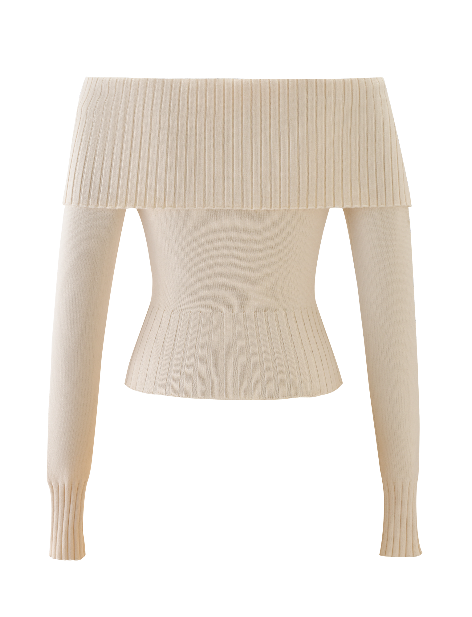 The TIGERMIST KIERA JUMPER in cream is an off-shoulder, ribbed knit sweater with long sleeves and a wide folded neckline, featuring ribbed cuffs and hem. Shown on a plain white background.