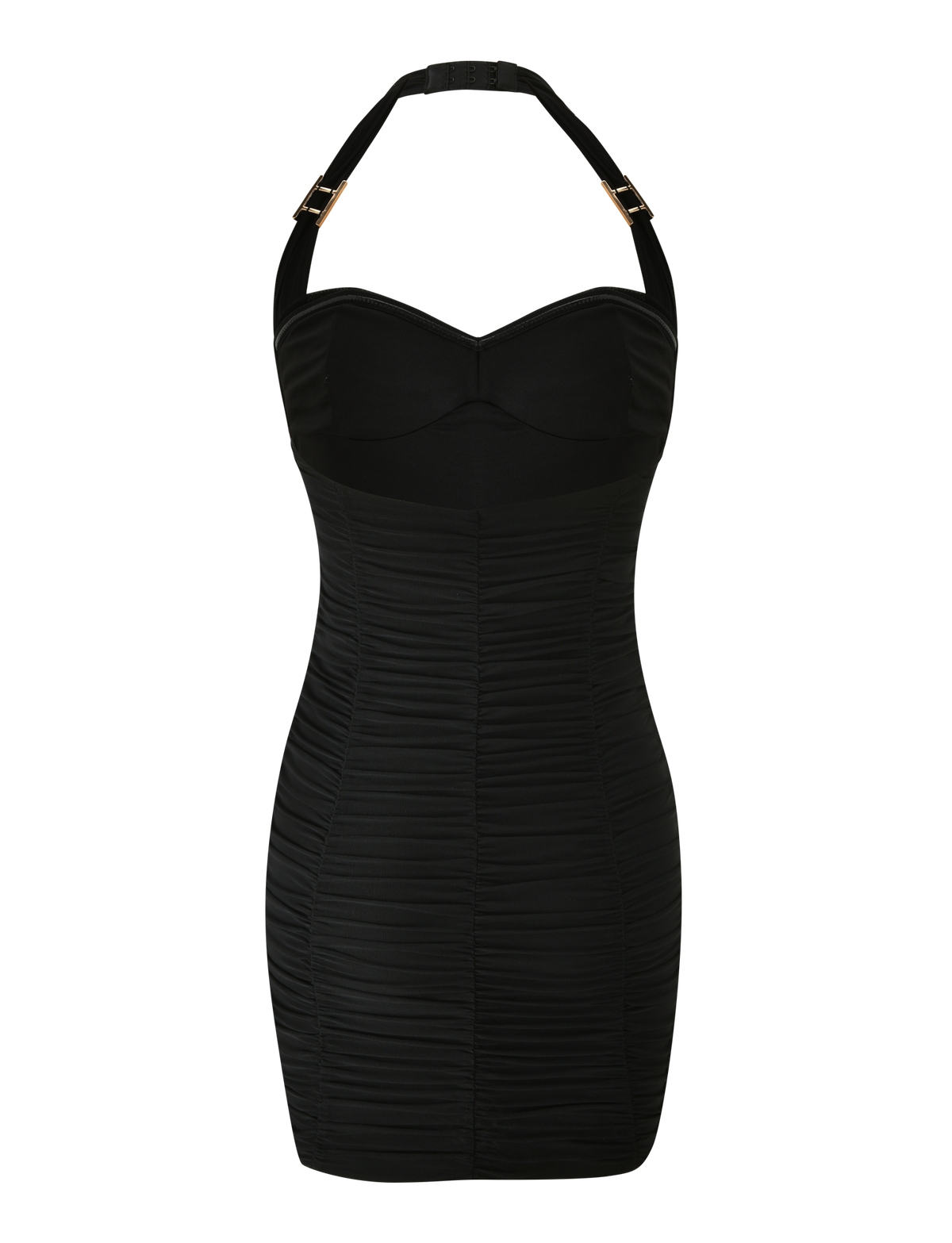 The BRIALLEN MINI DRESS by TIGERMIST is a black fitted mini dress with an adjustable halter neck, gold buckle strap details, and all-over ruched fabric, shown against a white background.