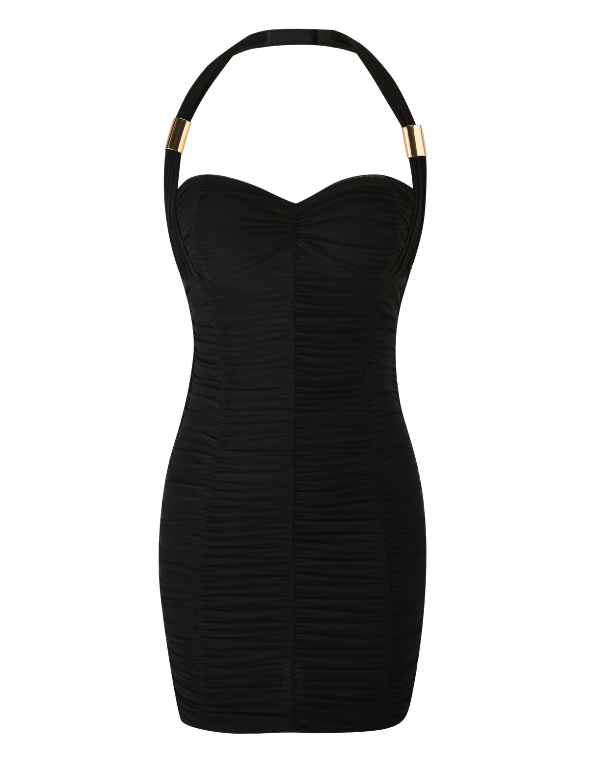 The TIGERMIST BRIALLEN MINI DRESS in black is a sculpting dress with ruched fabric, a sweetheart neckline, and an adjustable halter neck with gold accents.